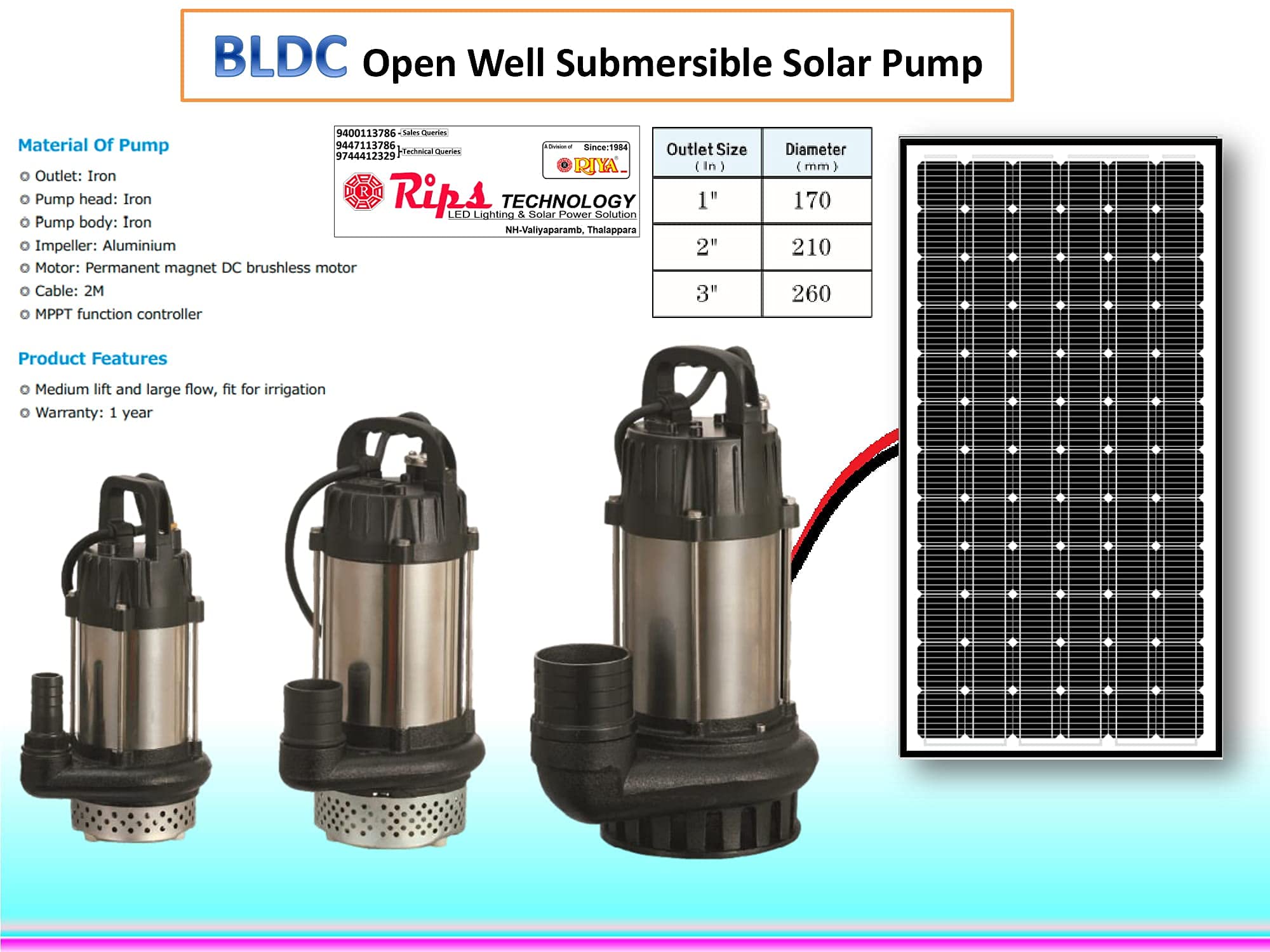 Riya Solar Powered Submersible Water Pump BLDC Motor Dc60V,Dc600W