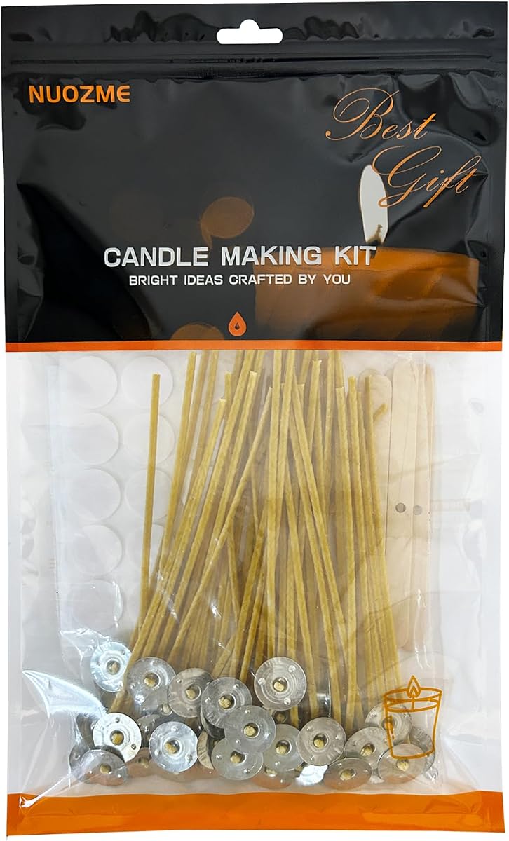 50 Pcs 6" Natural Candle Wicks,Pre-Waxed by 100% Beeswax & Tabbed | with 60Pcs Candle Wick Stickers and 5 Pcs Wooden Candle Wick Centering Device, for Candle Making,Candle DIY