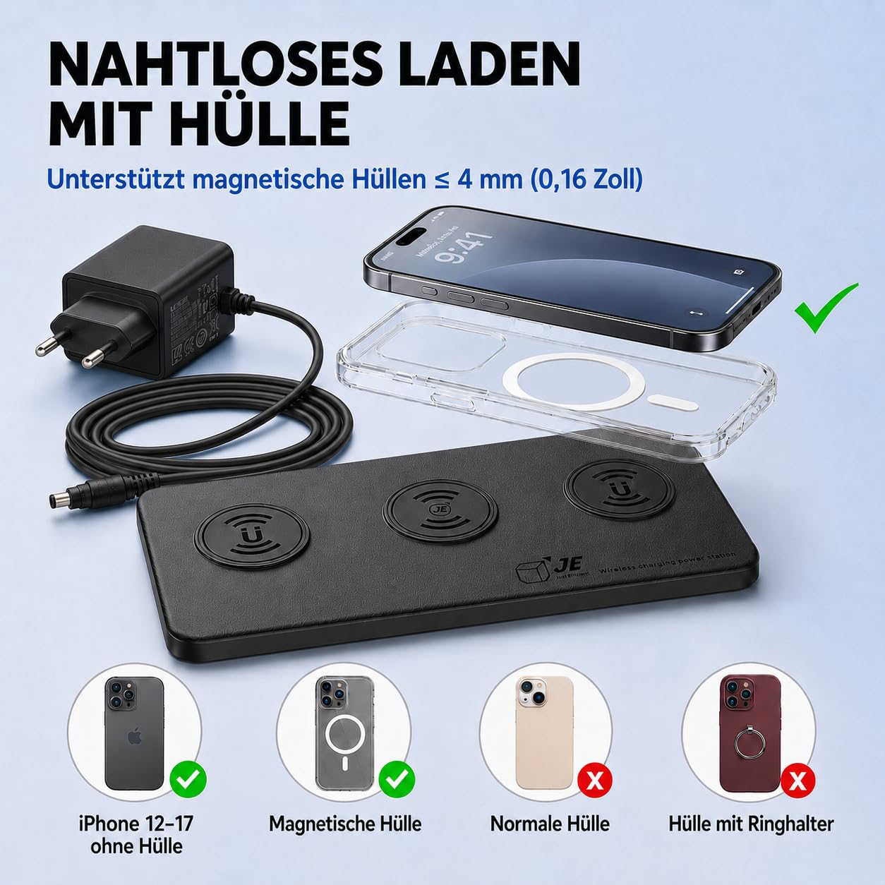 3-in-1 Magnetische Induktionsladestation für iPhone 17/16/15/14/13/12 & AirPods, Kabelloses Ladegerät für 2 iPhones, Magnetisches Ladepad, Wireless Charger, Ladestation Schreibtisch, Schwarz