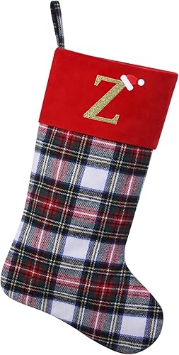 Miniatura 71 de Calcetines de Navidad personalizados con monograma inicial, adornos colgantes, medias clásicas de cuadros rojos de 19 pulgadas, decoraciones