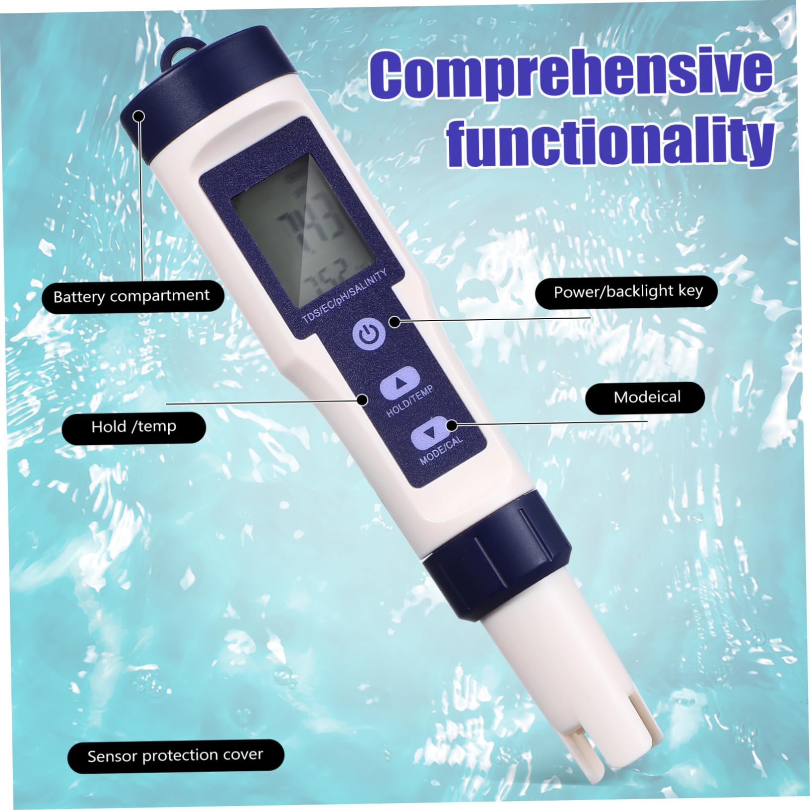 Digitaler Wasserqualitätsprüfer 5-in-1 aus Kunststoff für Pool