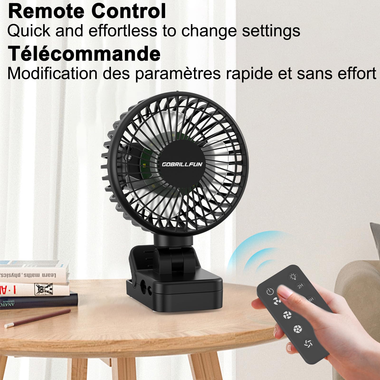 GOBRILLFUN Ventilatore portatile a clip con telecomando, ricaricabile, con funzione power bank, luce LED, timer, adatto per passeggini, golf cart, uffici, campeggio e viaggi (5 pollici)