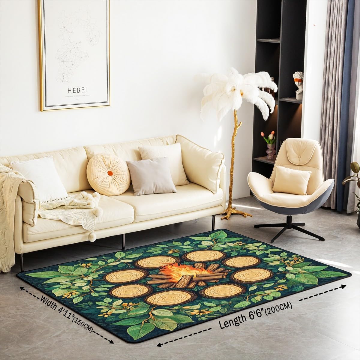 Campfire Area Rug 3'x5',Tree Stump Woodland Campsite Non Slip Carpet for Kids Girls Adults,Camping Green Leaves Decor Rug for Living Room Bedroom Playroom Backyard