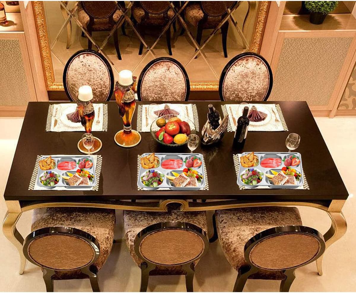 Set of 2 Stainless Steel Rectangular Divided Plates Tray 5 Sections Dinner Plates for Adults - Unbreakable Metal Plate for Campers, and Portion Control Reusable Plate - Image 2