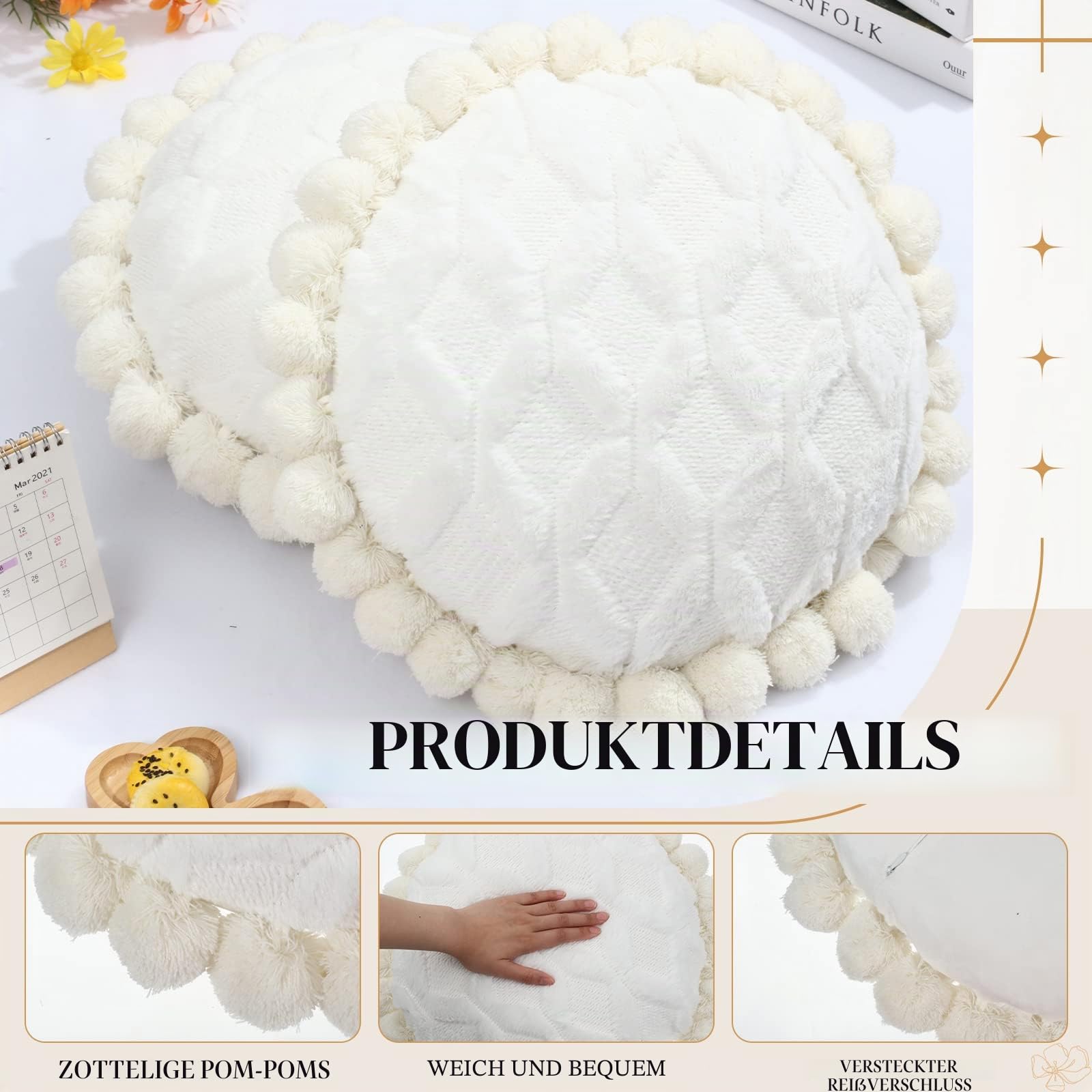 Tranqun Boho-Kissenbezug, 40 cm, rund, Bohemian-Stil, dekorativer Kissenbezug, handgetuftet mit groben strukturierten Pompons, Kissen für Couch, Sofa, Bett, Pouf, Yoga, Beige/Weiß, 2 Stück
