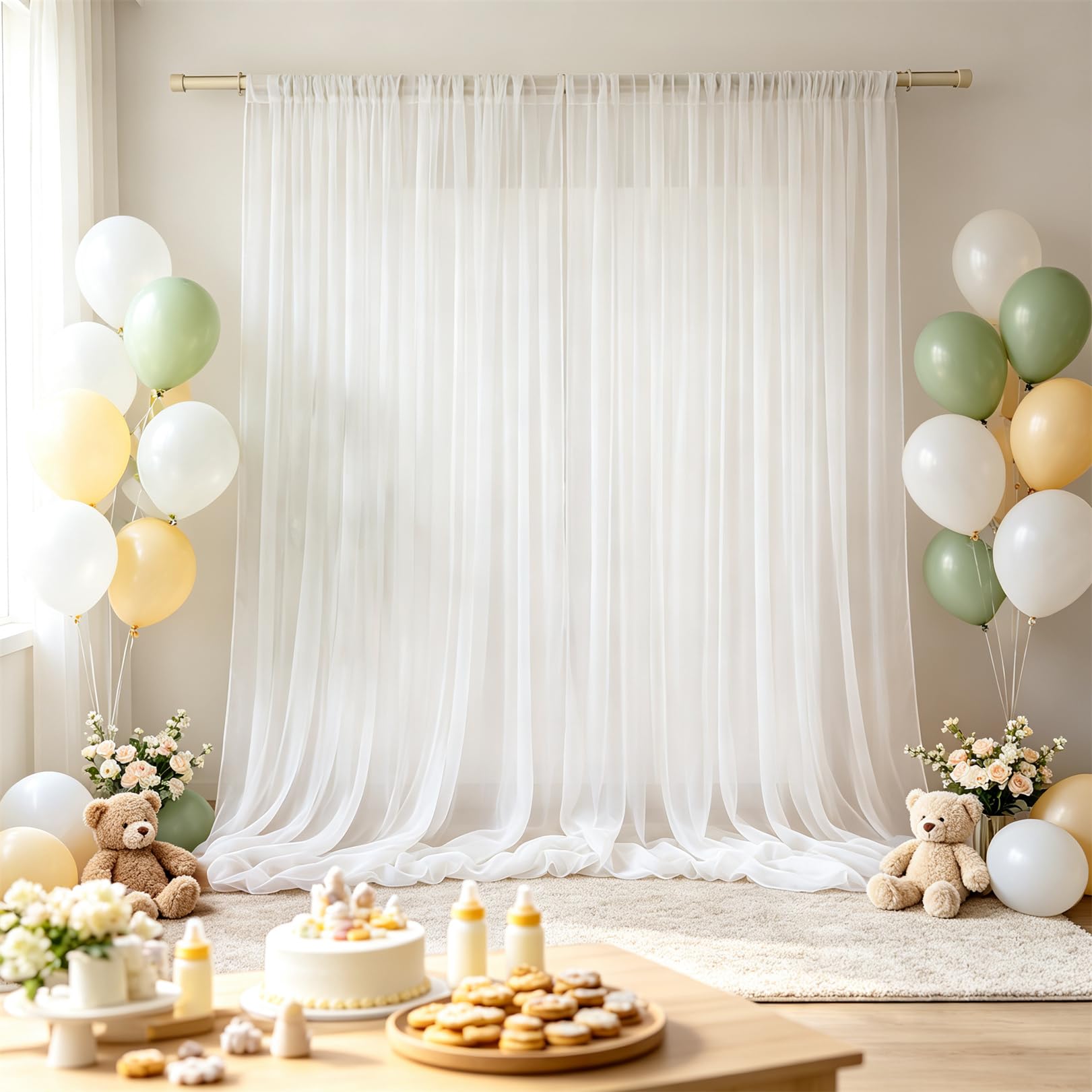 Chiffon Backdrop Curtain White Sheer Curtains 2 Panels 29x84in for Wedding | Wrinkle Resistant, Polyester, Rod Pocket, for Wedding Party, Photo Booth