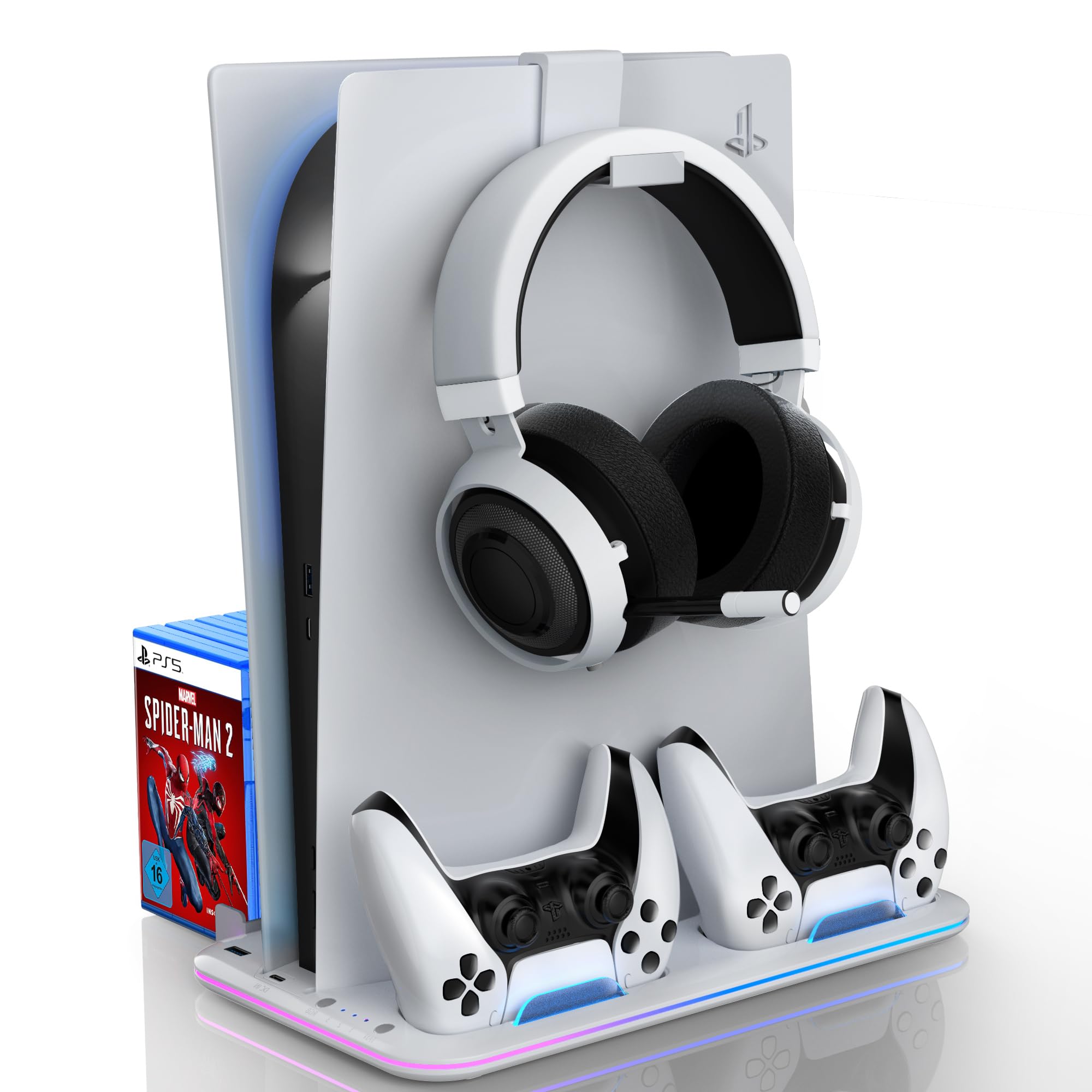 Sounce Glacier Pad RGB PS5 Cooling Stand with Dual Controller Charging Station Vertical Stand with 5200RPM Cooling Fan, RGB Lights Compatible with PS5 Disc/Pro/Digital/Slim Consoles (White)-image-16