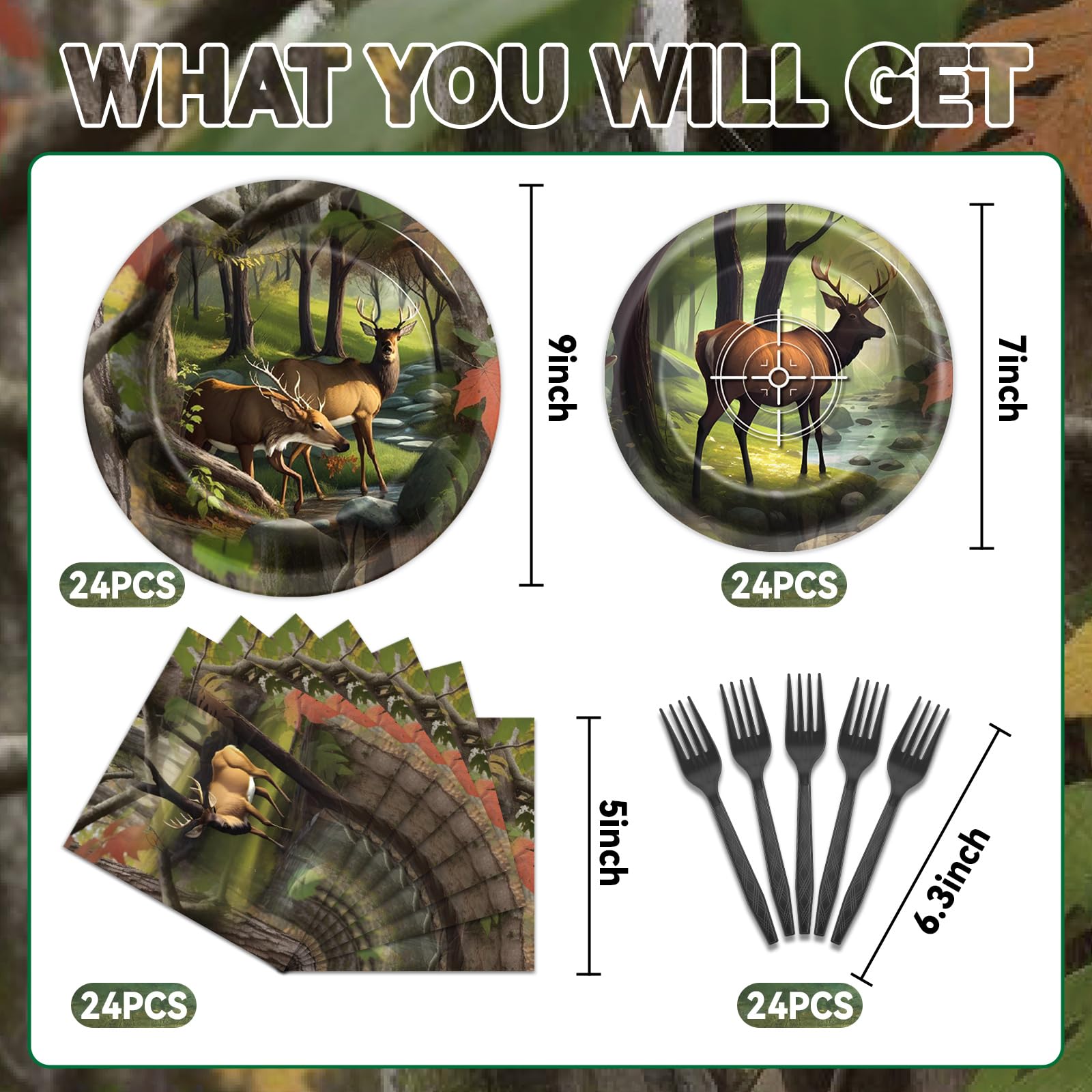 Hunting Camo Party Plates Napkins Deer Hunting Dinnerware Hunter Camo Themed Birthday Party Tableware Set Disposable Forks Dessert Supplies for Outdoor Tournament Events Family Picnic Decors Serves 24