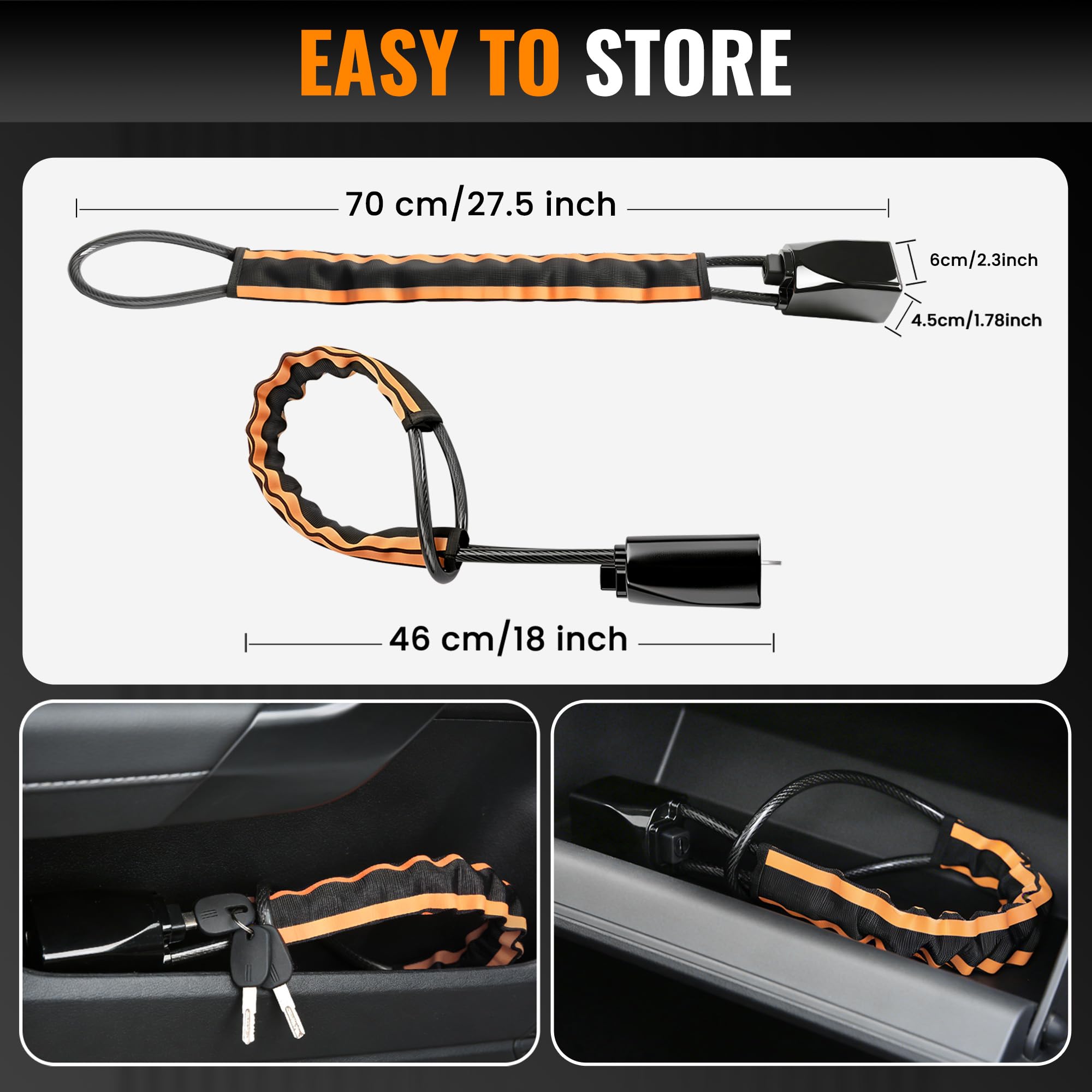 Upgraded Reflective Stripe Steering Wheel Lock,Seat Belt Lock,Metal Head,Heavy Duty Universal Car Lock Steering Wheel,High Visibility Car Locks Anti-Theft Device,3Keys (Orange) — view 6