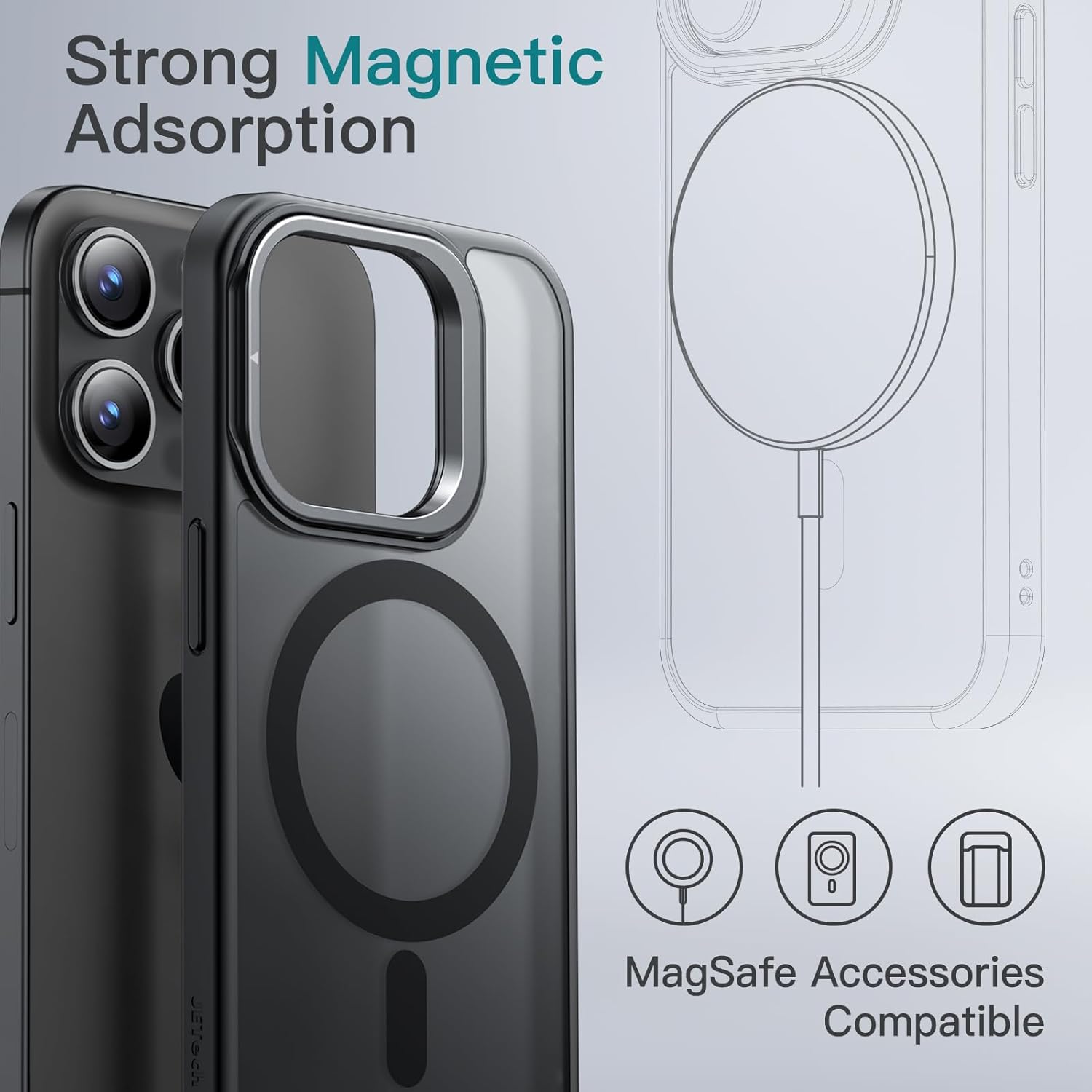 JETech Kickstand Case for iPhone 15 Pro Max 6.7-Inch Compatible with MagSafe, Built-in Adjustable Camera Stand, Translucent Matte Magnetic Back Slim Shockproof Phone Cover (Black Titanium) - Image 4