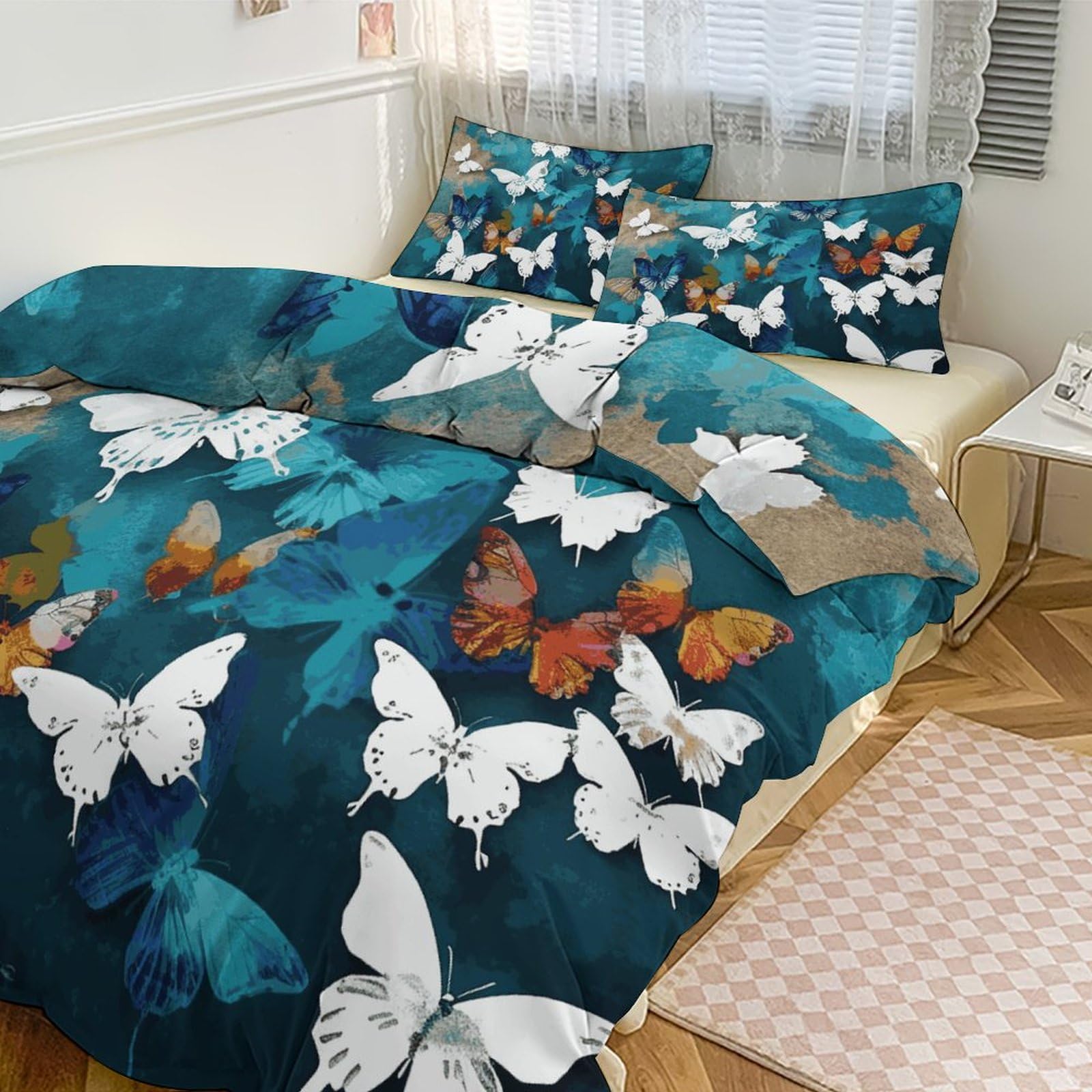 Parure de lit 3 pièces avec couette grand lit couvre-lit épais motif papillons blancs