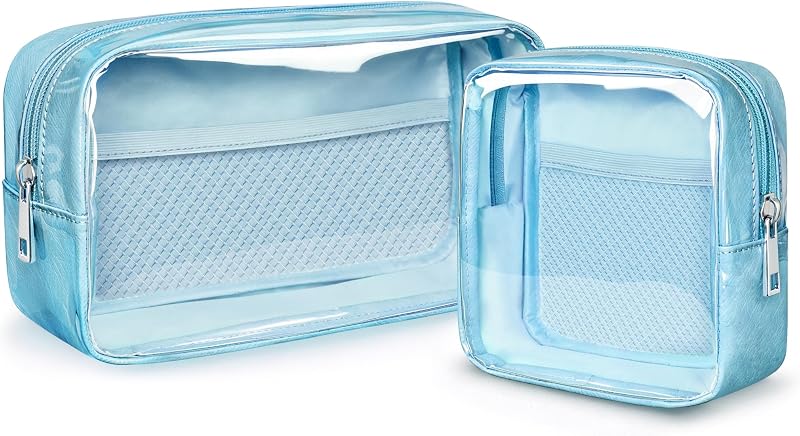 Necessaire de maquiagem transparente WLLWOO WLLWOO com zíper, 2 unidades, azul-celeste