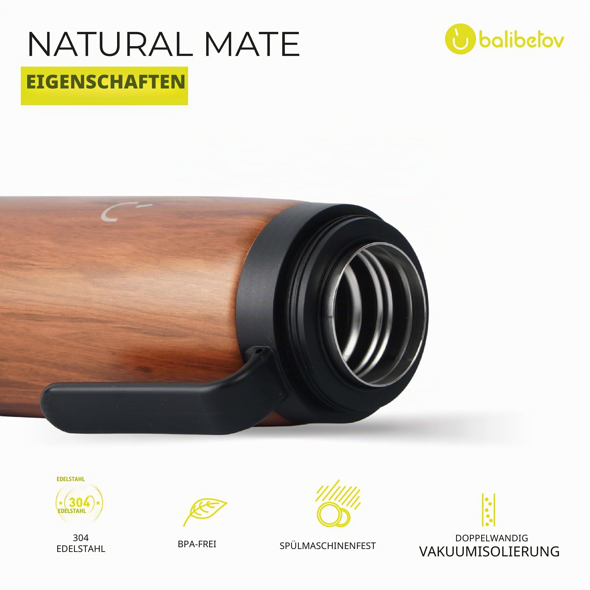 BALIBETOV Komplettes Yerba Mate Set – Mate Gourd, Isolierflasche, Yerba Behälter, zwei Bombillas und Reinigungsbürste im Lieferumfang enthalten – Alle Premium Qualität 304 18/8 Edelstahl (Holz)