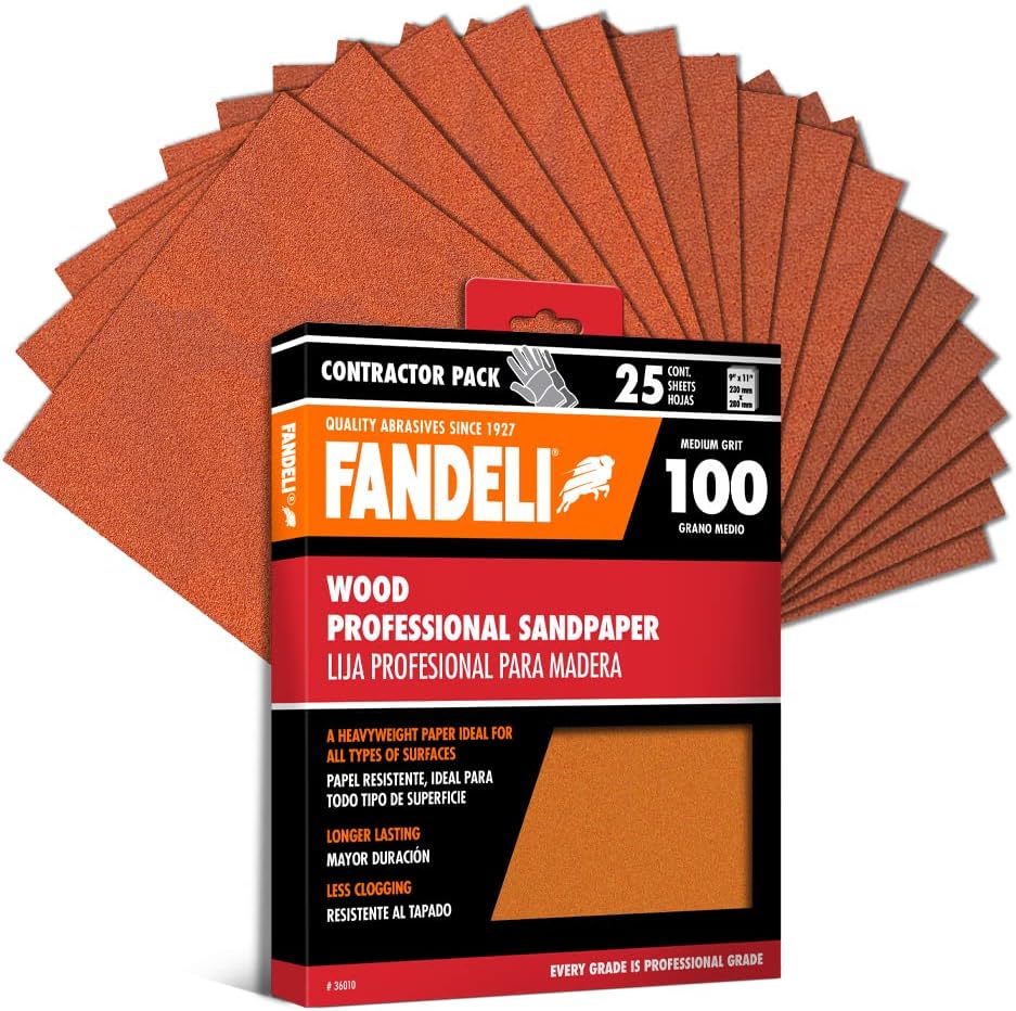 Fandeli | Wood Sanding Paper | 100 Grit | 25 Sheets of 9'' x 11'' | Perfect for Sanding Wood | Hand Sanding | Orbital Sanders