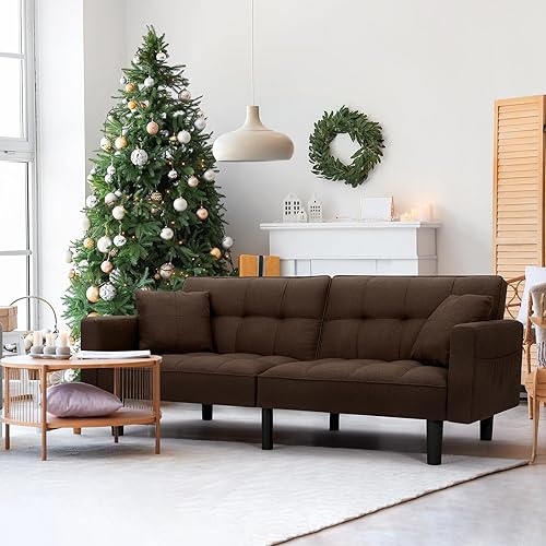 AVAWING Sofá cama tipo futón, sofá convertible de tela de lino moderno, sofá cama tapizado con respaldo ajustable, brazos y patas de nailon de alta