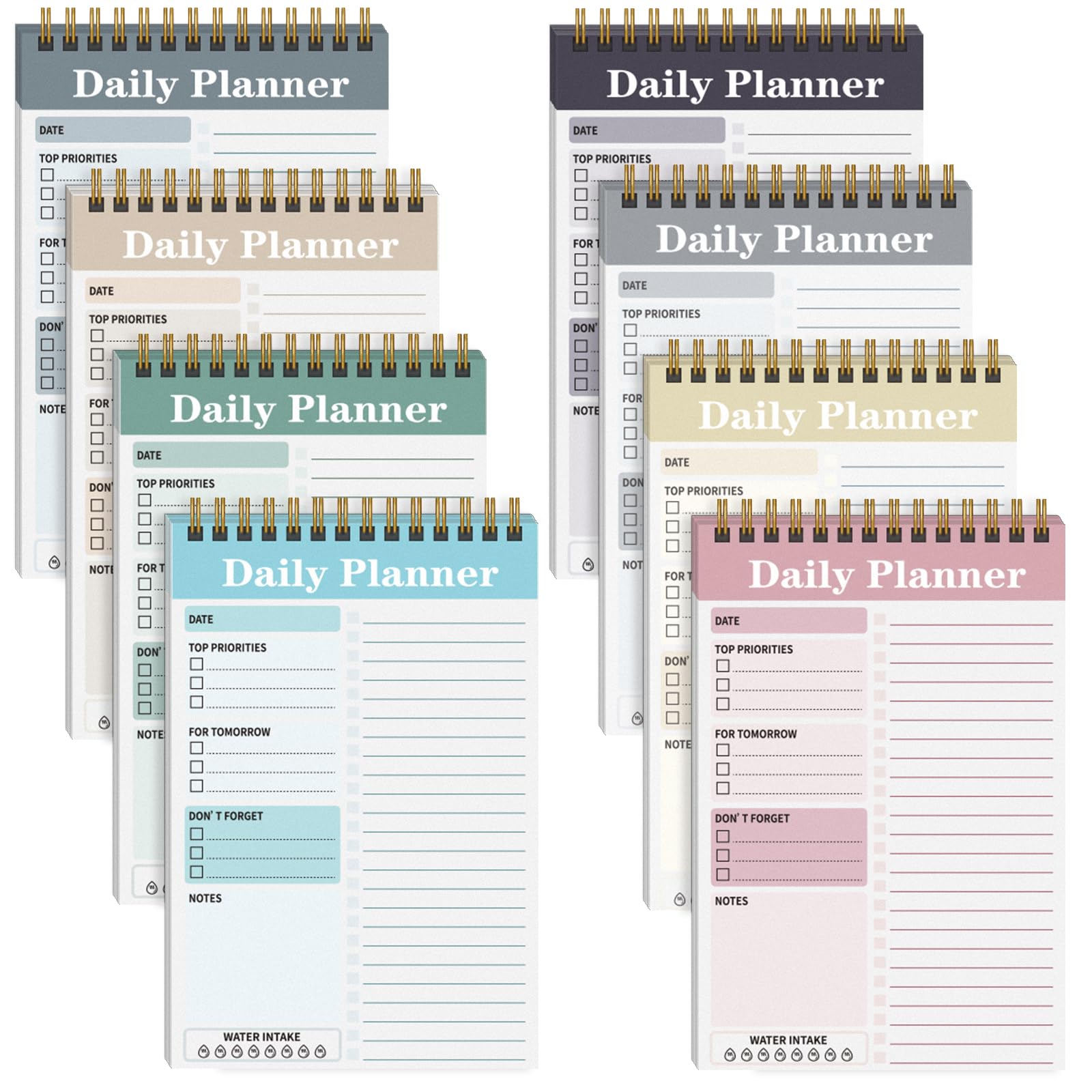 8 Stück To-Do-Listen-Notizblock, Tagesplaner, spiralförmiges To-Do-Notizbuch, Tagesnotizen, undatiert, Zeitmanagement-Planer für Arbeit, Schule, Büro (8 Farben, 20,6 x 13,2 cm)