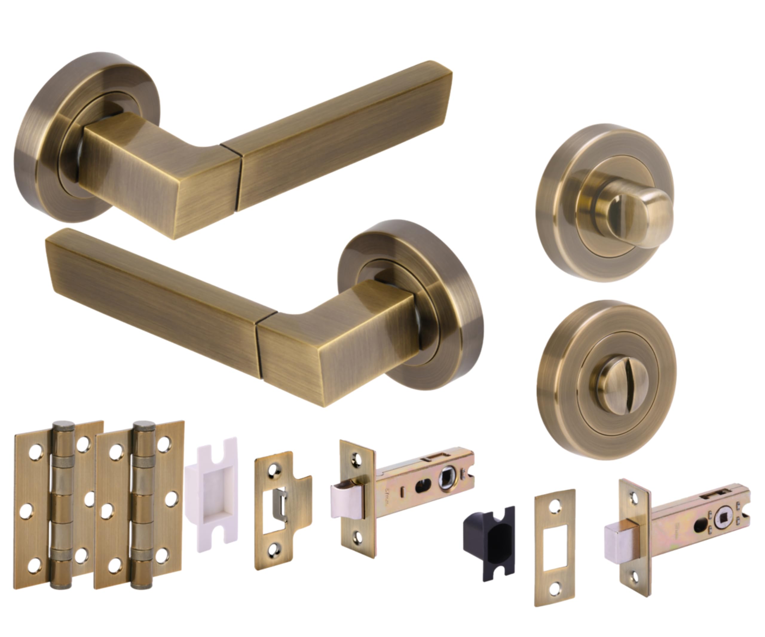 Hunta HANDLEZONE® Luxa Bathroom Door Handle Pack, Lever Handles on Round Rose, 76mm Deadbolt, 76mm Latch (57mm Backset), 75mm Ball Bearing Hinges, Privacy Turn & Release – Antique Bronze
