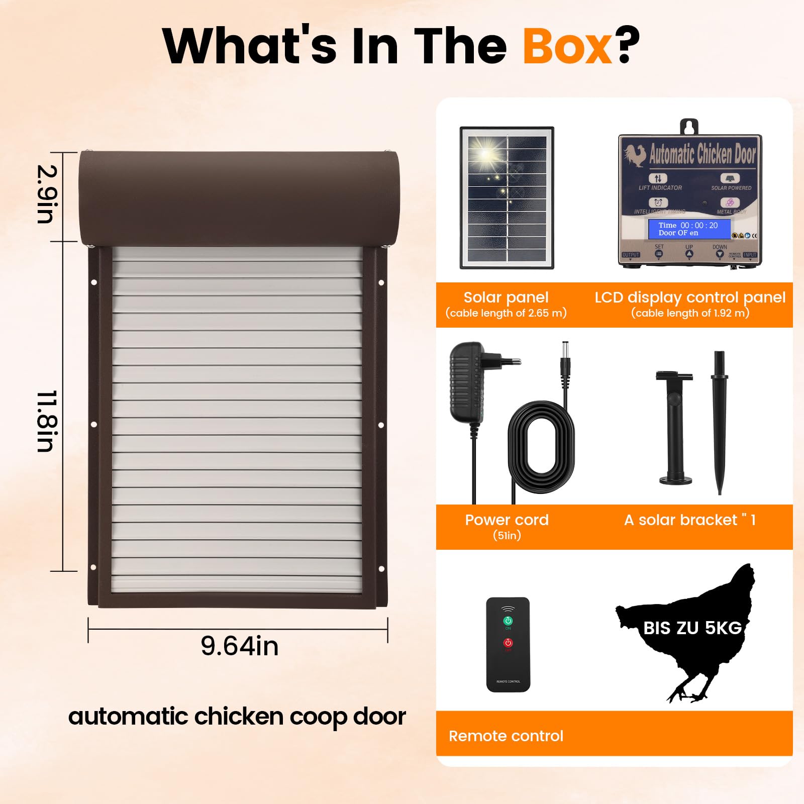 Automatische Hühnerklappe Solar, Elektrische Hühnerklappe mit Wasserdicht Großes Display, Anti-Klemm-Schutz, Lichtsensor, Hühnerstallluke Timer und Fernbedienung für Geflügelzaun