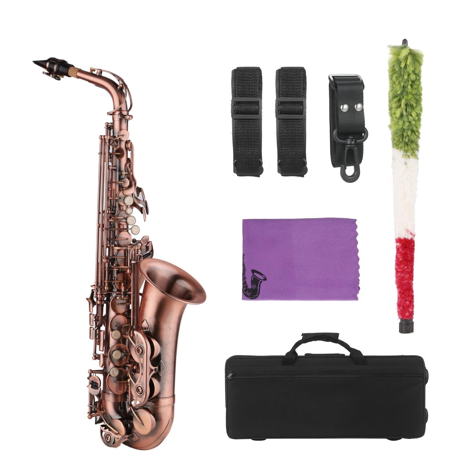 Saxophon Komplettset mit Saxophon Rot Antik E-Flat Messing Material & Tragetasche Stoffbürste Saxophongurt