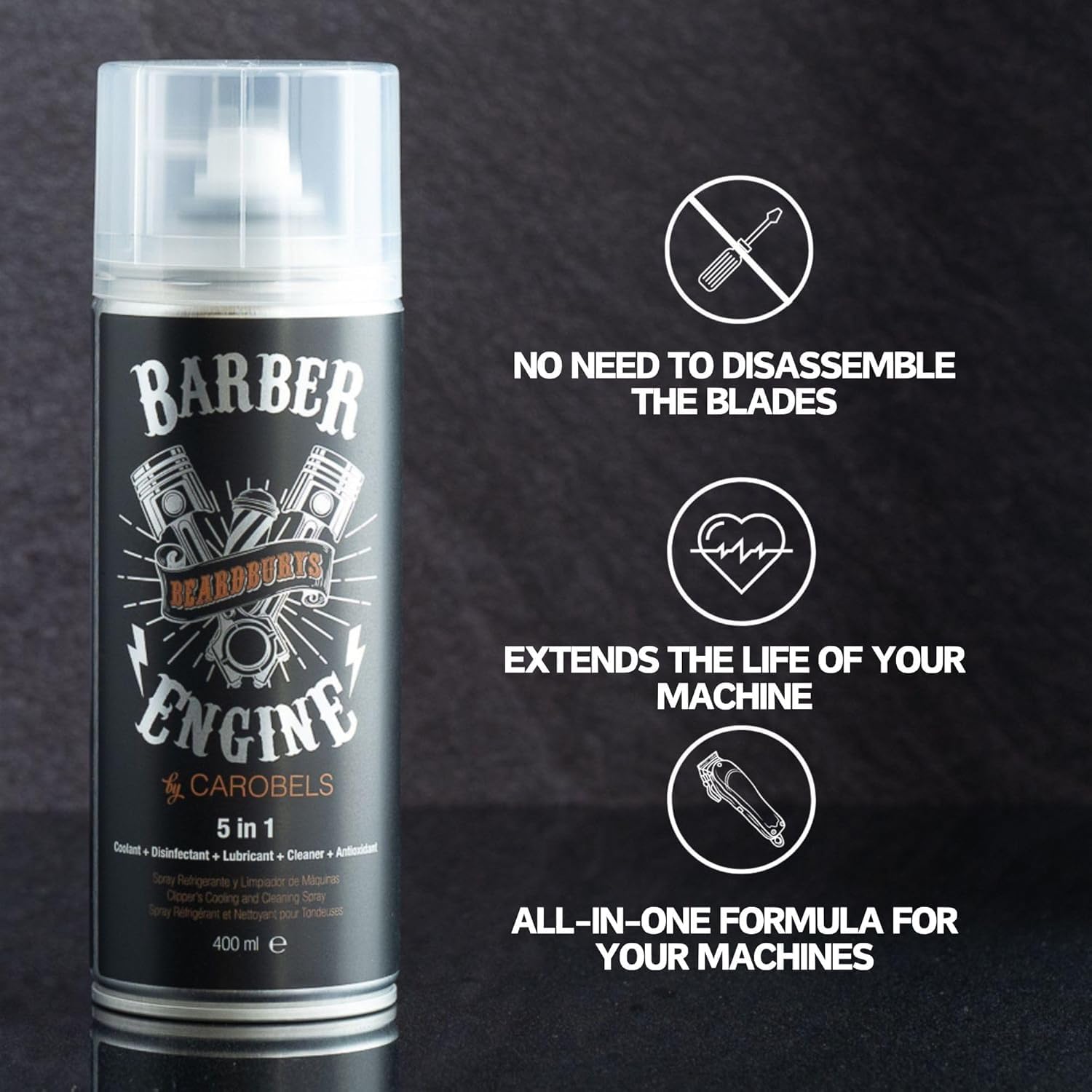 Beardburys Clipper Cleaning Spray 5 w 1 – Profesjonalny spray do pielęgnacji maszynek i trymerów: dezynfekcja, smarowanie, chłodzenie oraz ochrona przed rdzą – Spray higieniczny dla barberów, 400ml