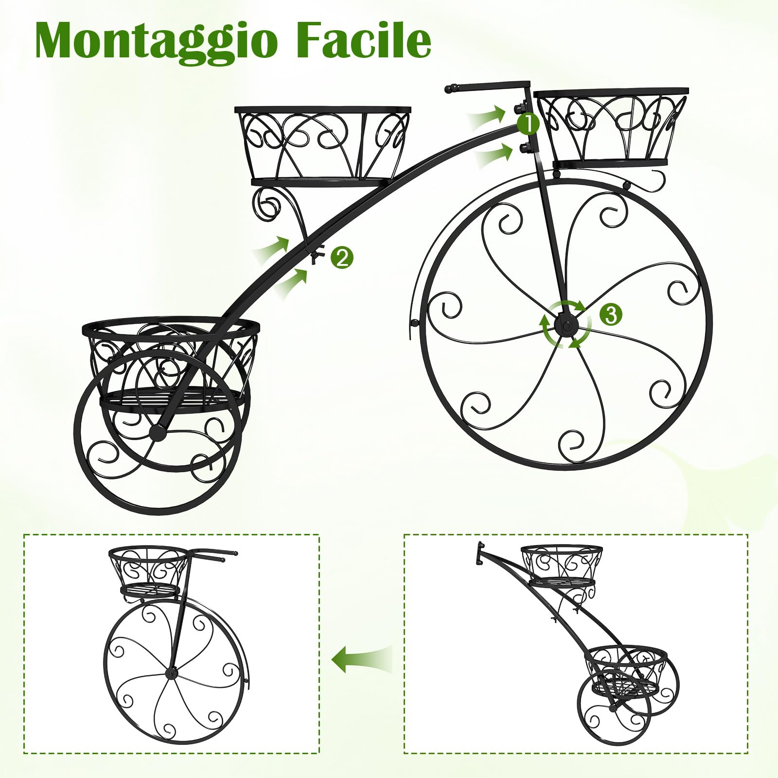 RELAX4LIFE Supporto per Piante a 3 Piani, Carrello per Vasi a Forma di Triciclo, Supporto per Piante con Telaio in Metallo Robusto da Giardino per Interni ed Esterni, 80 x 25 x 52 cm (Nero)