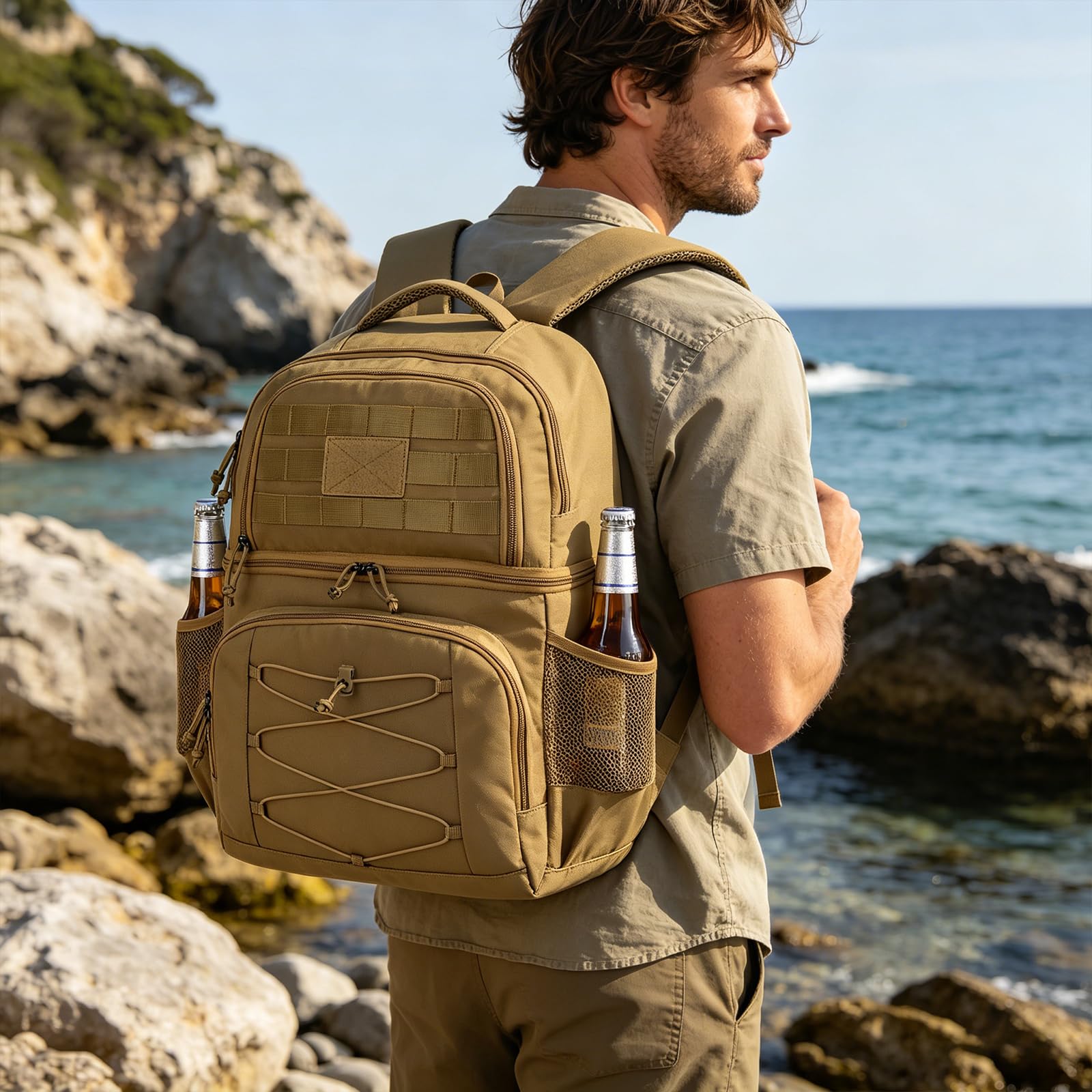 Mochila Nevera Táctica 20L Mochila Termica Pequeña con doble compartimento para hombre y Mujeres Prueba de Fugas Bolsas Isotermica para Trabajo , Playa, Picnics, Campingaz, Marrón