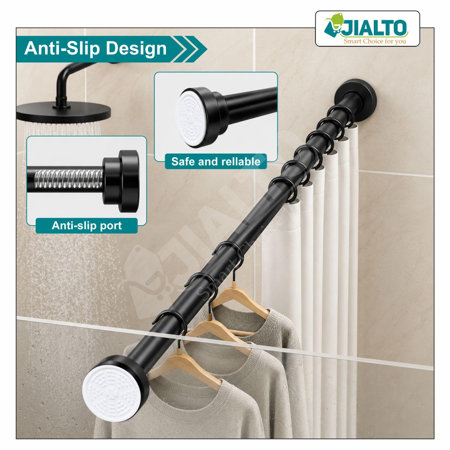 JIALTO Adjustable Bathroom Shower Curtain Rod 155 To 295 Cm Extendable Shower Tension Rod | Without Drill for Wall Anti-Skid Spring Pull Door | Telescopic Shower Curtain Stand (BLACK - 1 Pcs) — Amazon image 6