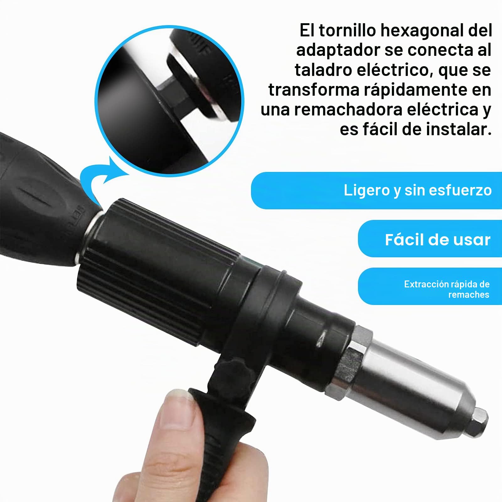 Adaptador de pistola de remachar eléctrico adaptador de taladro para remachar, herramienta de tuerca de inserción de remachadora con cabezal de remache de diámetro 2.4/3.2/4.0/4,8 mm