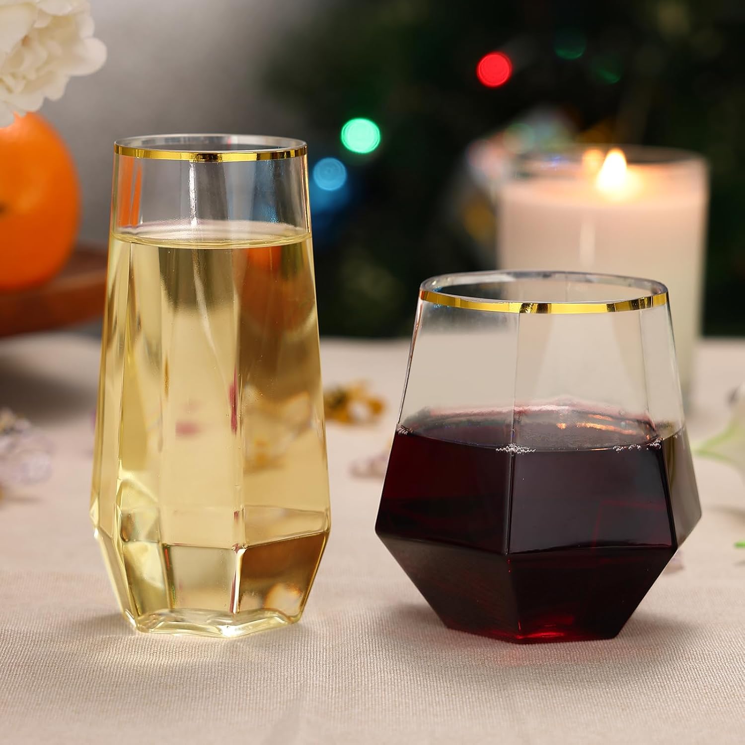 48 Pack Plastic Glasses – 24 x 9oz Stemless Champagne Flutes & 24 x 12oz Stemless Wine Glasses – Elegant Disposable Shatterproof Cup – BPA-Free Drinkware for Weddings, Parties (Gold Rim Diamond) - Image 2