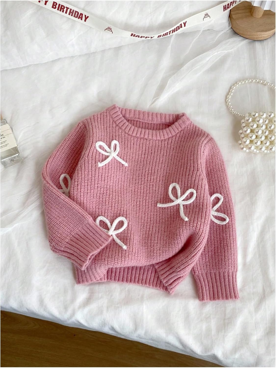 Verdusa Girl's Cute Bow Sweater Crew Neck Long Sleeve Ribbed Knit Casual Pullovers - Image 5