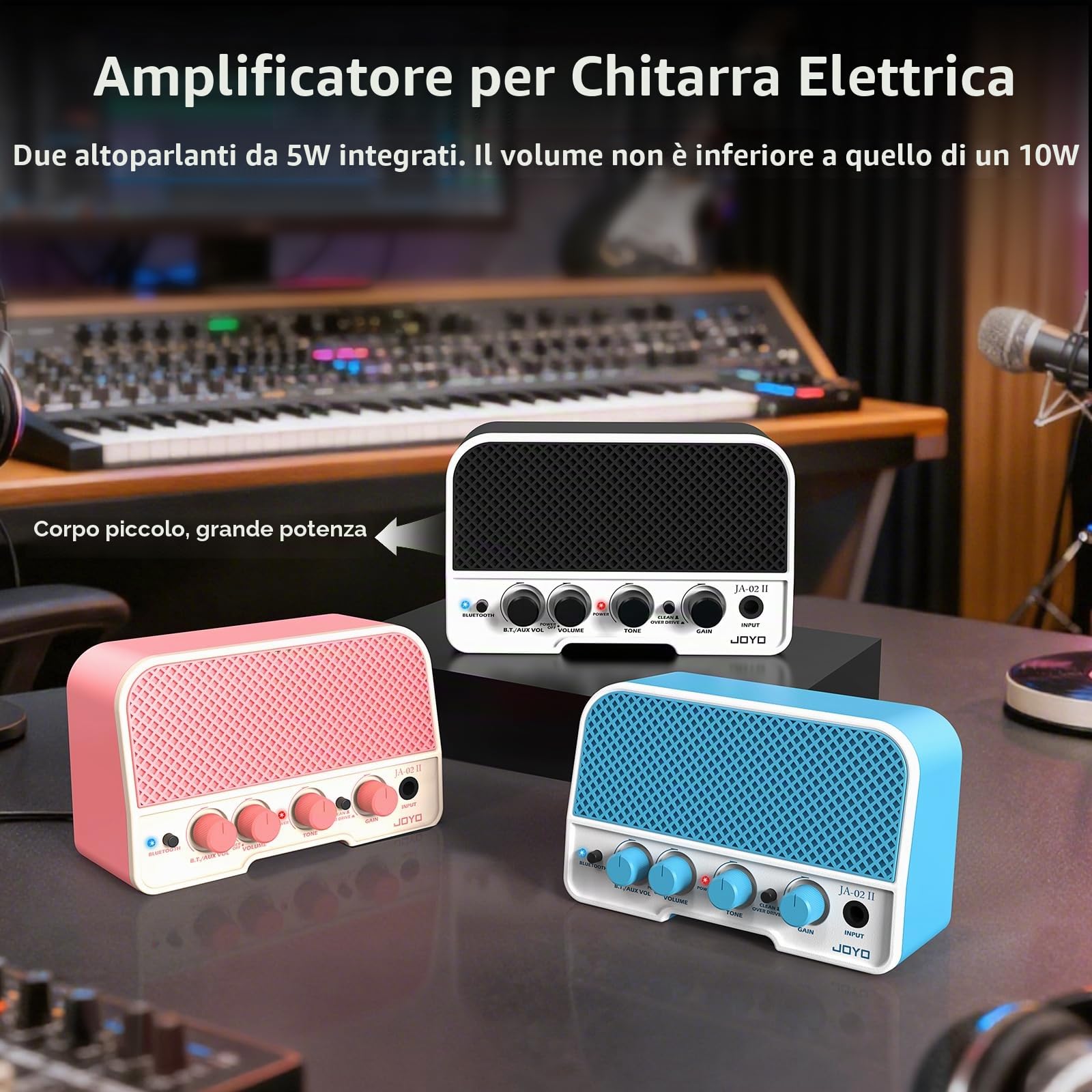 JOYO Mini amplificatore per chitarra 5W Amplificatore per chitarra elettrica Piccolo amplificatore per chitarra con canali Bluetooth Clean e Overdrive Ricaricabile portatile (JA-02 II Nero)