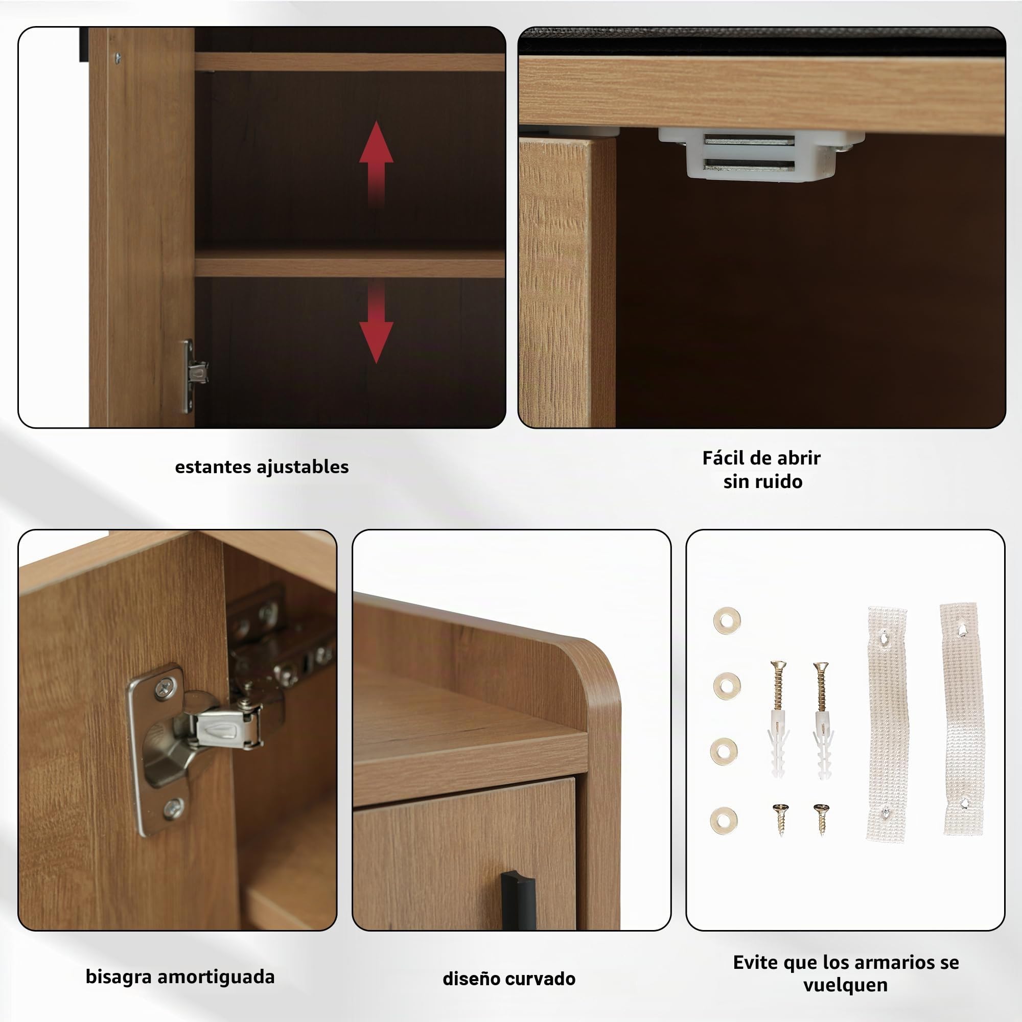 Zapatero moderno, 120 x 34 x 82,8 cm, equipado con cuatro puertas de almacenamiento, asas de metal asimétricas (color madera)