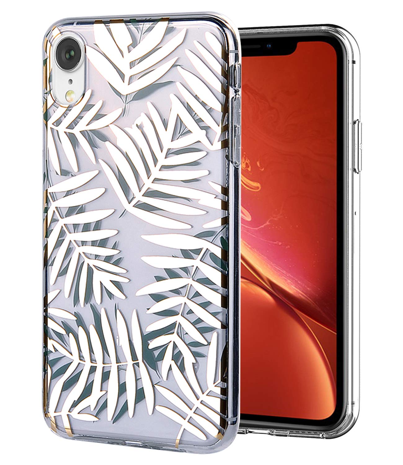 WALAGO iPhone XR Case Clear Design Shiny Gold Foil Green Palm Leaves for Girls Flexible Bumper TPU Soft Rubber Silicone Cover Phone Case for iPhone XR 6.1 inch