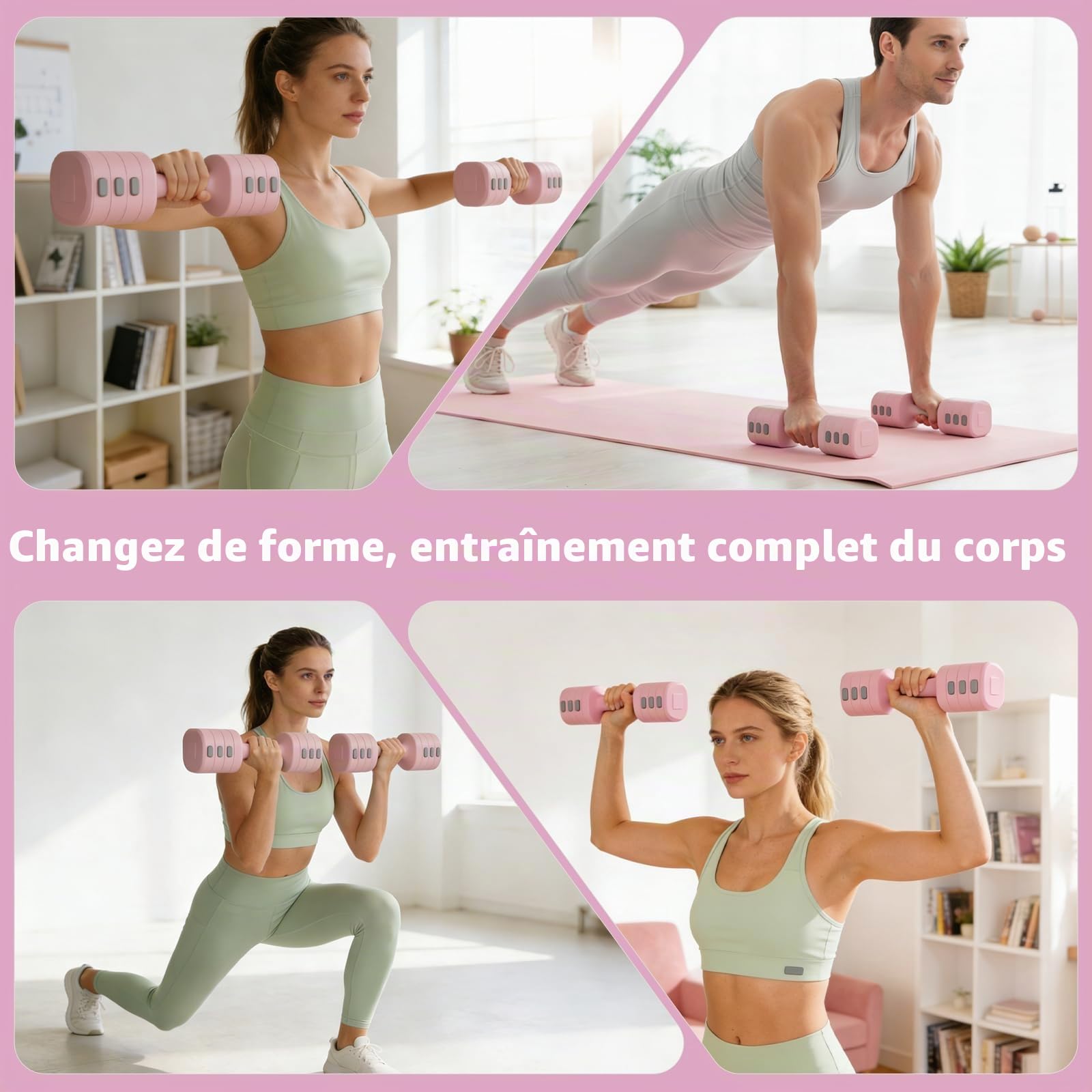 Lot de 2 haltères réglables 2 en 1 pour femmes et hommes, 4 niveaux de poids avec adaptateur kettlebell, haltères pour la maison
