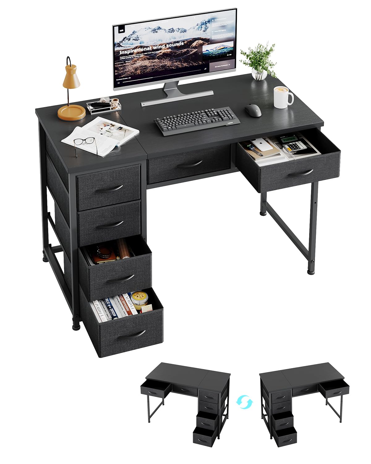 MUTUN 100x48 cm Desk, Small Computer Desk with 6 Fabric Drawers, Reversible Home Office Desk with Adjustable Feet, Work Desks for Office, Study, Vanity Table for Bedroom, Black