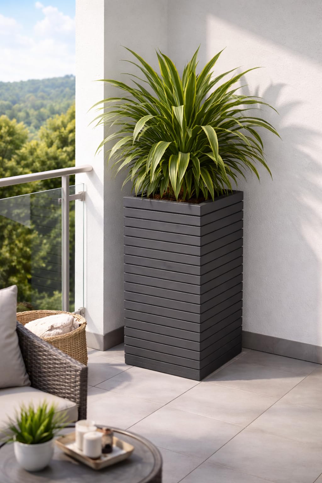 Blumenkasten aus Holz, imprägniert & wetterfest – mit herausnehmbarem Kunststoffeinsatz – Hochbeet & Pflanzkübel für Balkon, Garten & Terrasse (anthrazit, 36,5 cm x 36,5 x 80 cm)