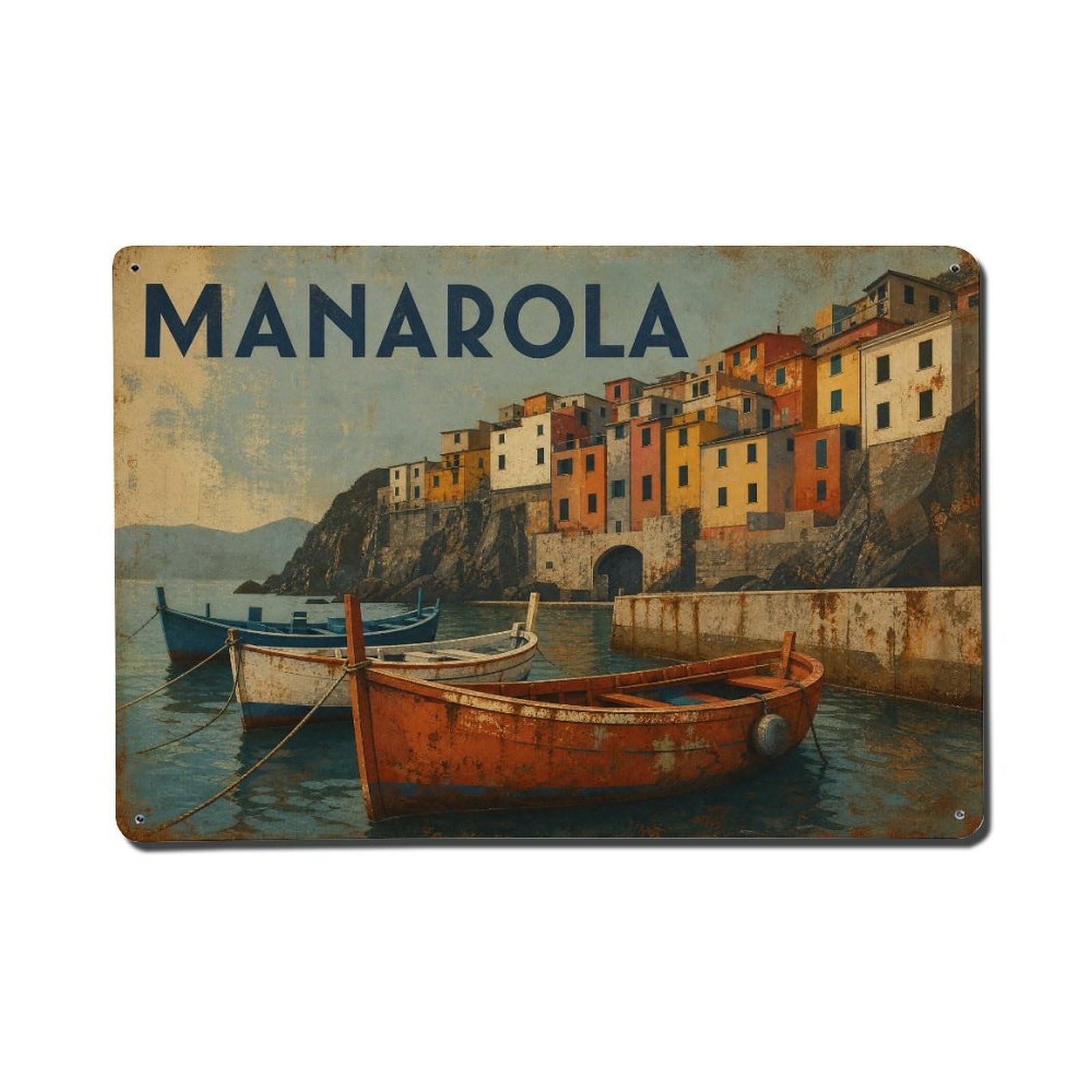 Vintage Travel Manarola Fishing Boats Anchored Harbor Italy Metal Tin Sign