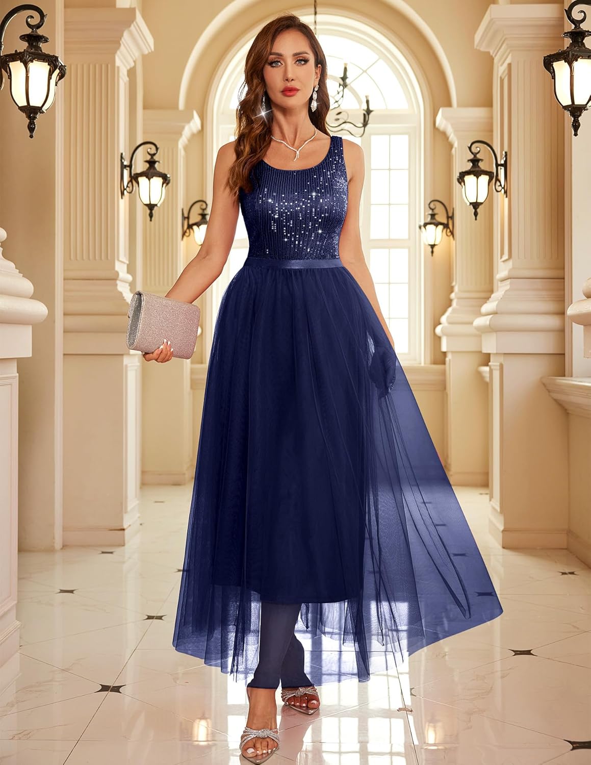 BeryLove Sequin Dress for Woman Vintage A Line Wedding Formal Swing Mesh Dress Sleeveless Cocktail Maxi Gowns - Image 4