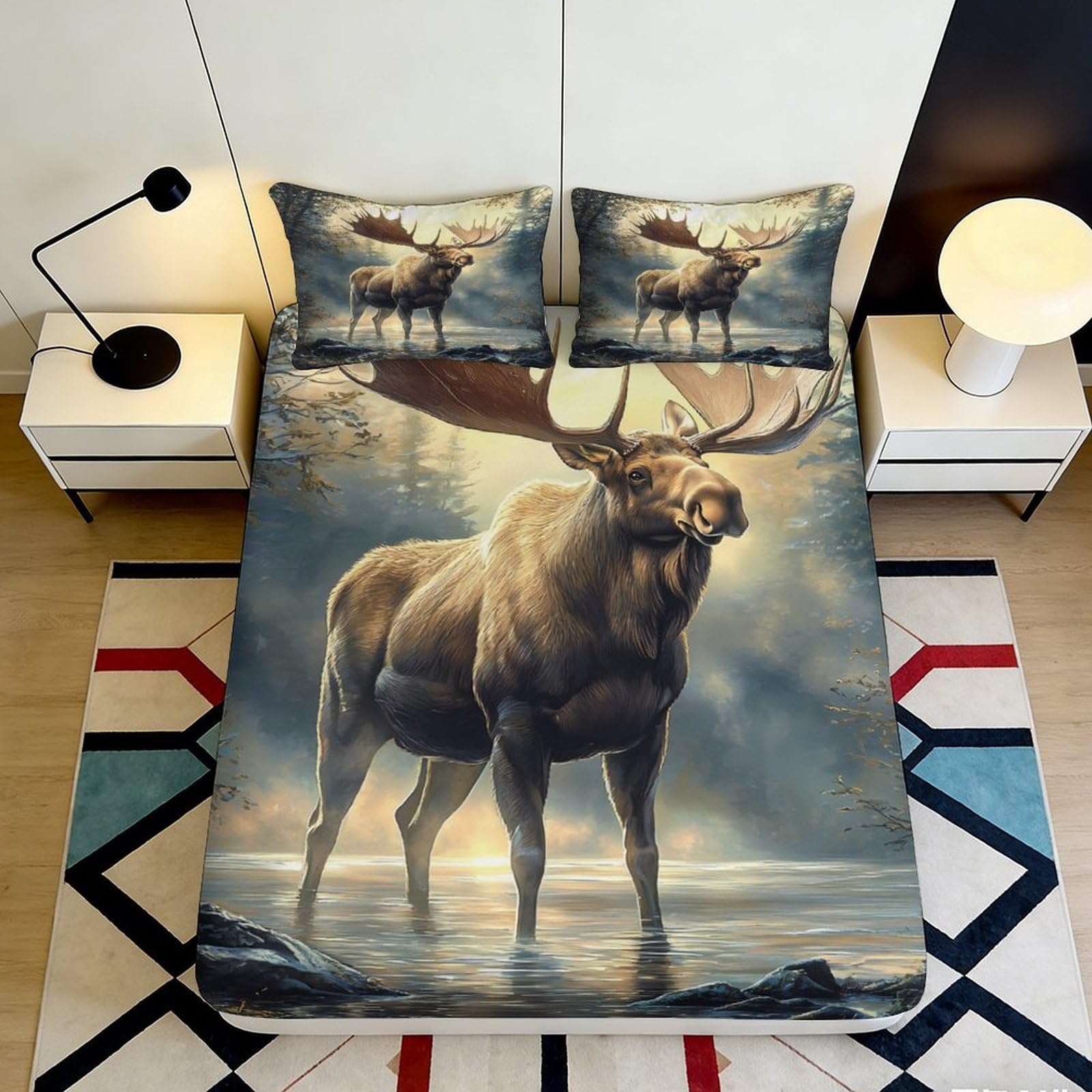 3D Printed Elk Forest Fitted Sheet Microfiber Soft Non-Slip Mattress Cover for Bedroom Guestroom Decor Easy Care 90x200x25cm