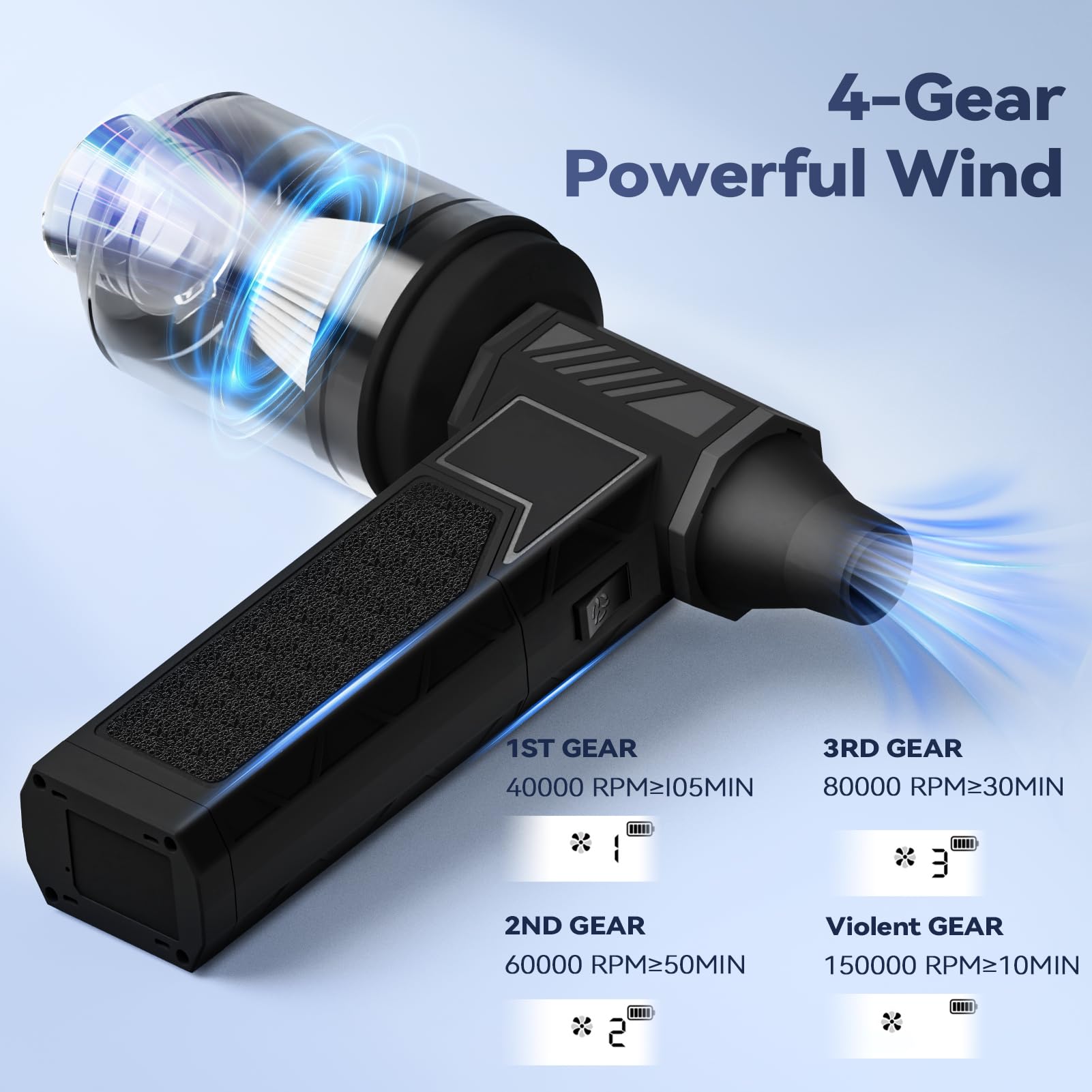 Cordless 2 in 1 Soffiatore Aria Compressa & Aspirapolvere per computer, 150000RPM Aria Compressa Elettrico con Batteria da 8000 mAh, 4 ingranaggi, Luce LED, Turbo Fan per la Pulizia del PC, Divano