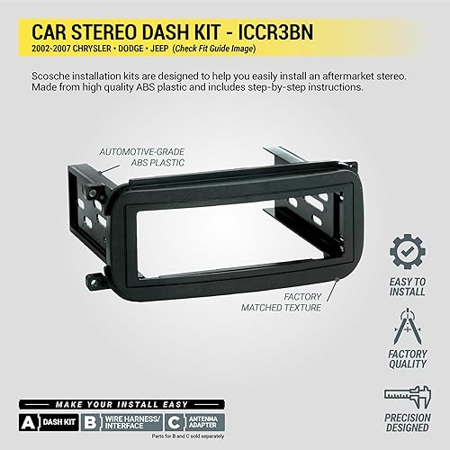 Miniatura 6 de Kit de instalación de radio para salpicadero Scosche ICCR3BN de un solo DIN, compatible con ciertos vehículos Chrysler, Dodge y Jeep de 2002-07 -
