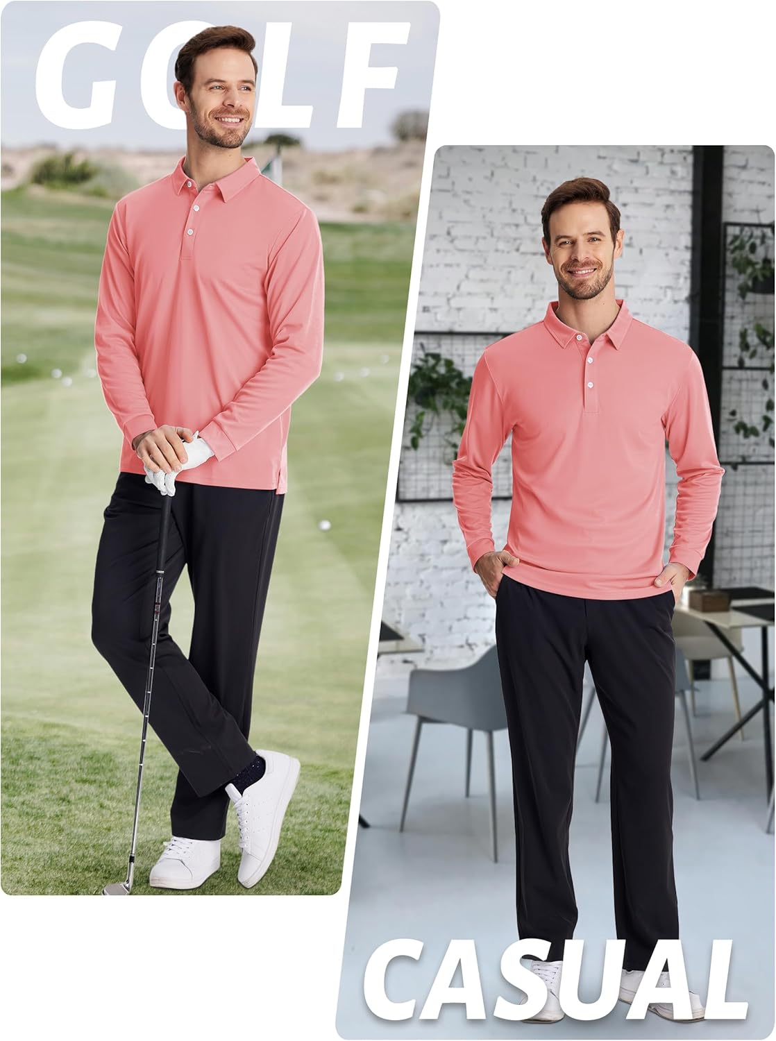 TACVASEN Men's Polo Shirts Long Sleeve Golf Quick Dry Moisture Wicking Lightweight Casual Shirt with 3-Buttons