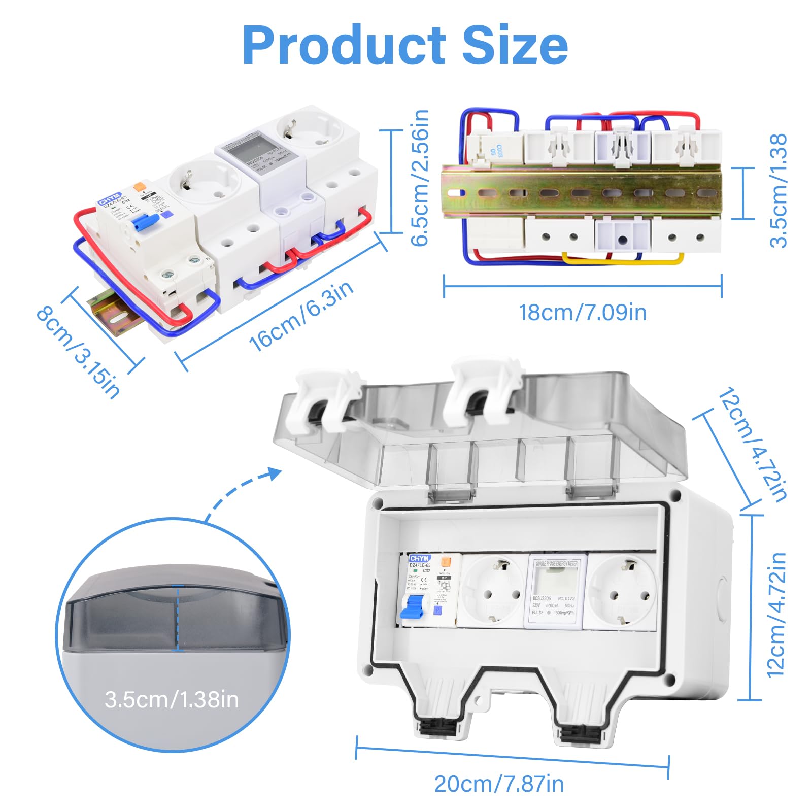 Caja de distribución superficie 230V IP66 impermeable con medidor electricidad y RCD