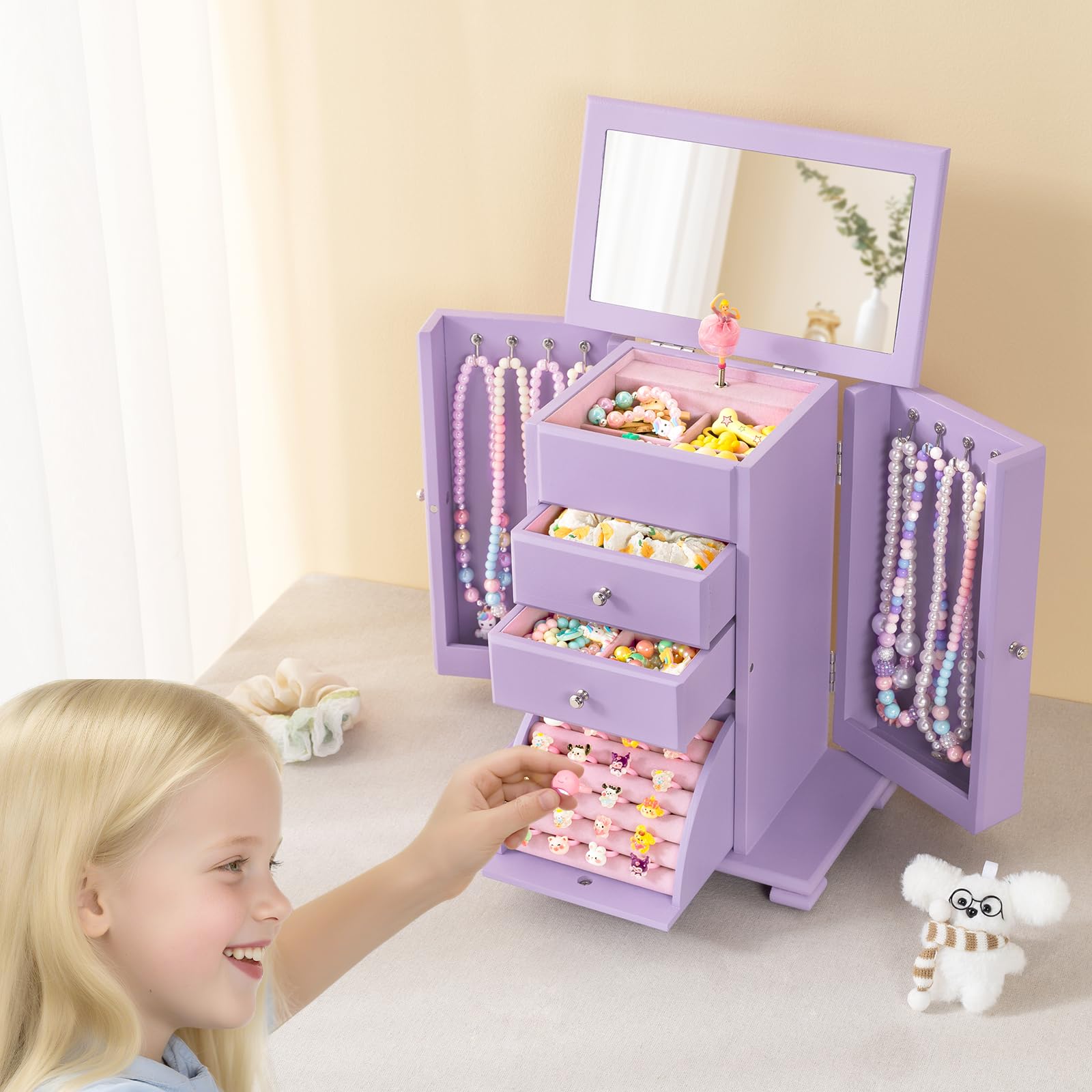 Boite a Bijoux Fille, 4 Niveaux Boîte à Bijoux Musicale Fille avec Danseuse en Rotation, Grande Boite a Musique Enfant en Bois pour enfants ans L'anniversaire de Cadeau(Violet)