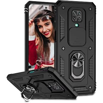 Mobile Phone Case for Xiaomi Redmi Note 9S / 9 Pro / 9 Pro Max Case [Slide Camera] Military Grade Shockproof Bumper Outdoor Mobile Phone Case with 360  Rotating Metal Ring Stand Protective Case Black
