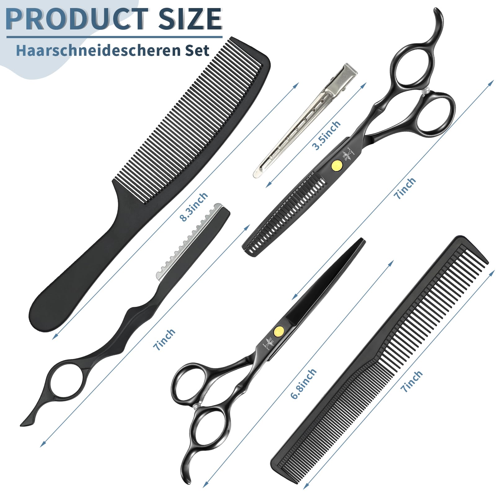 PURPLEBIRD Juego Tijeras Peluquería 10 Piezas Acero Inoxidable Negro | Juego versátil para corte de cabello con accesorios completos, adecuado para uso doméstico o profesional.
