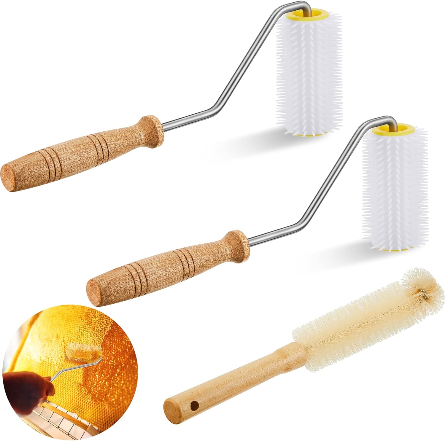 3 Pcs Honey Extractor Uncapping Needle Roller Beekeeping Honey Extractor Tool Beehive Uncapping Roller Honey Extractor Equipment with Cleaning Bee Brush for Honeycomb Honey Extracting Beekeeping Tool