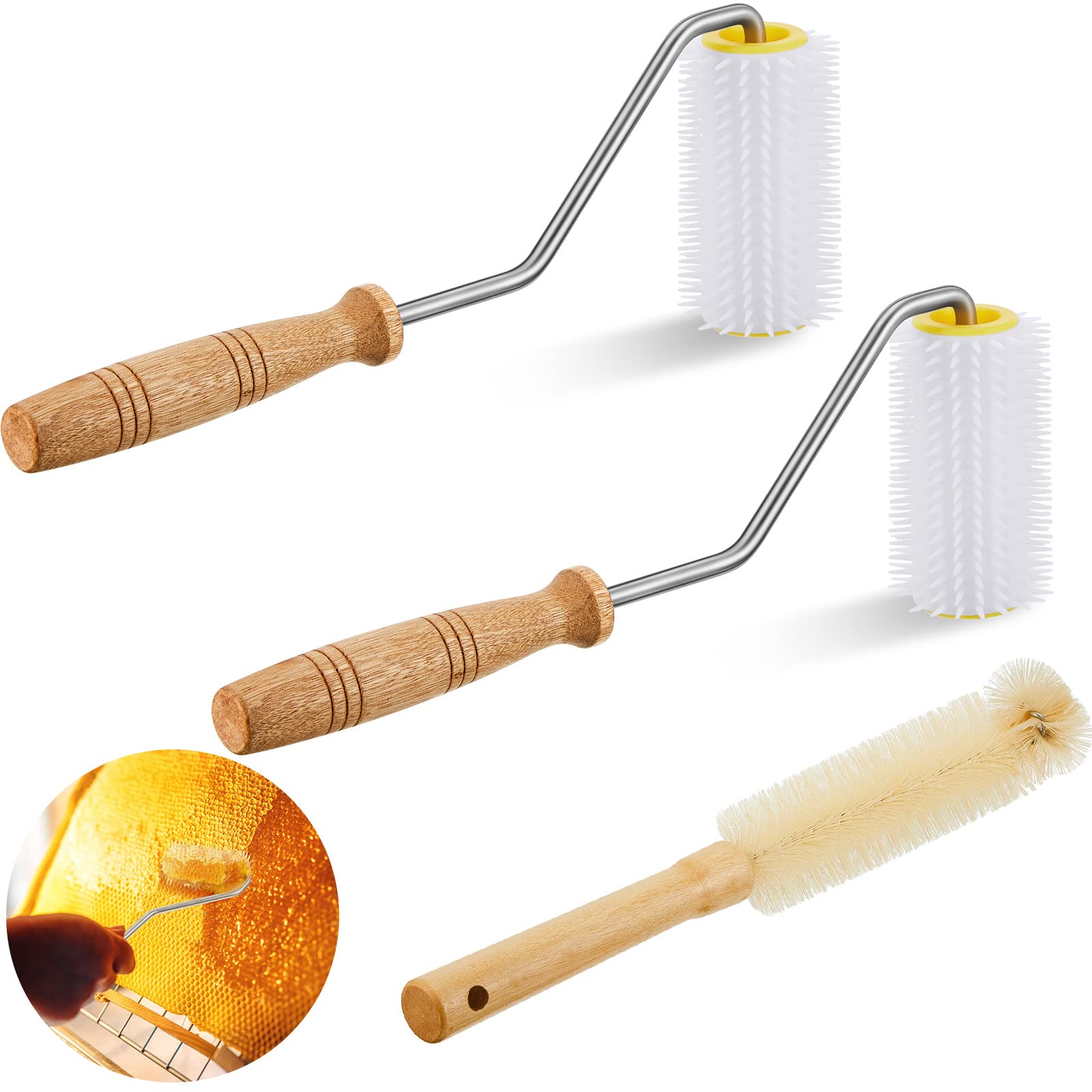 3 Pcs Honey Extractor Uncapping Needle Roller Beekeeping Honey Extractor Tool Beehive Uncapping Roller Honey Extractor Equipment with Cleaning Bee Brush for Honeycomb Honey Extracting Beekeeping Tool