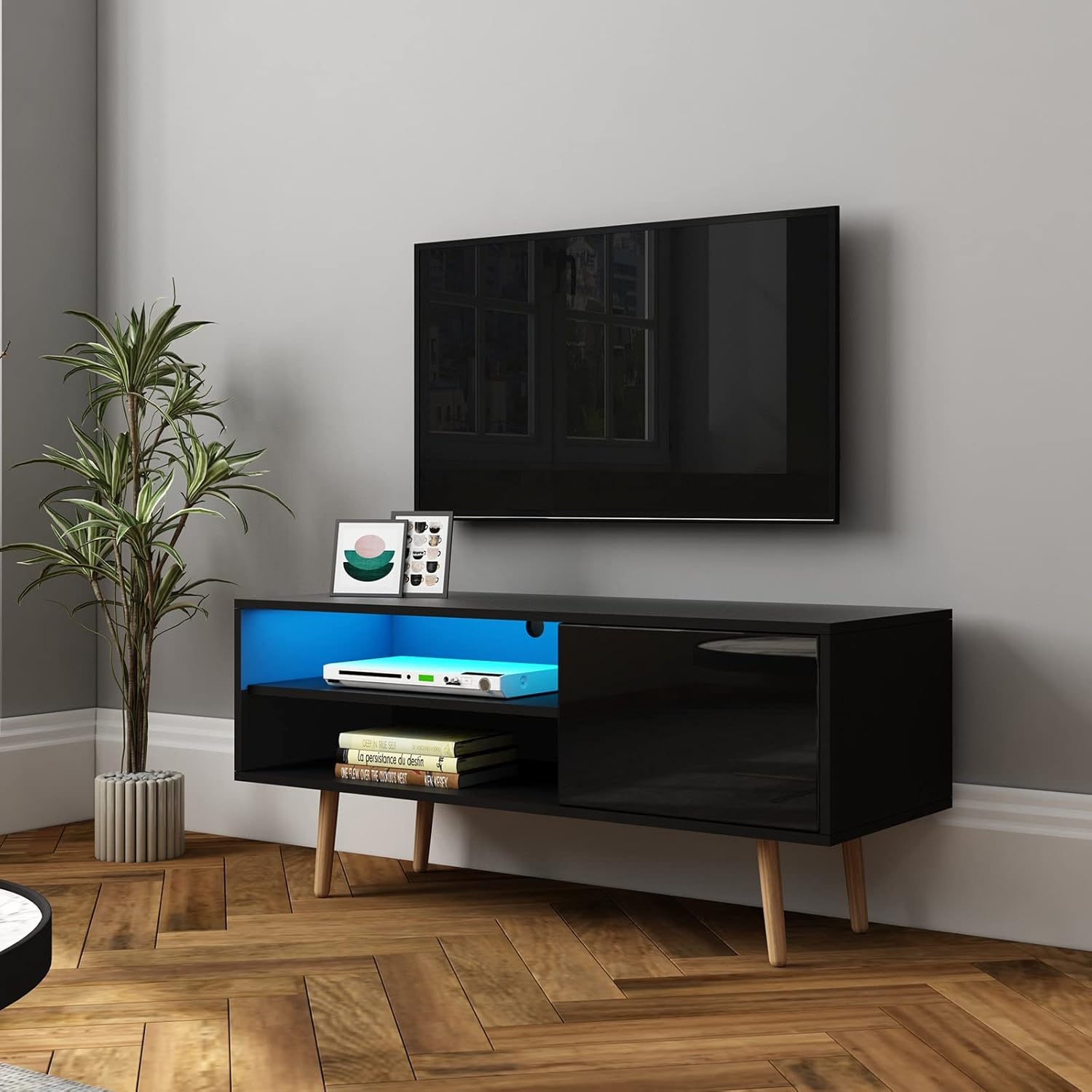 Senvoziii Modern TV Led Light Black High Gloss Front TV Stand Unit 110CM with 1 Door 2