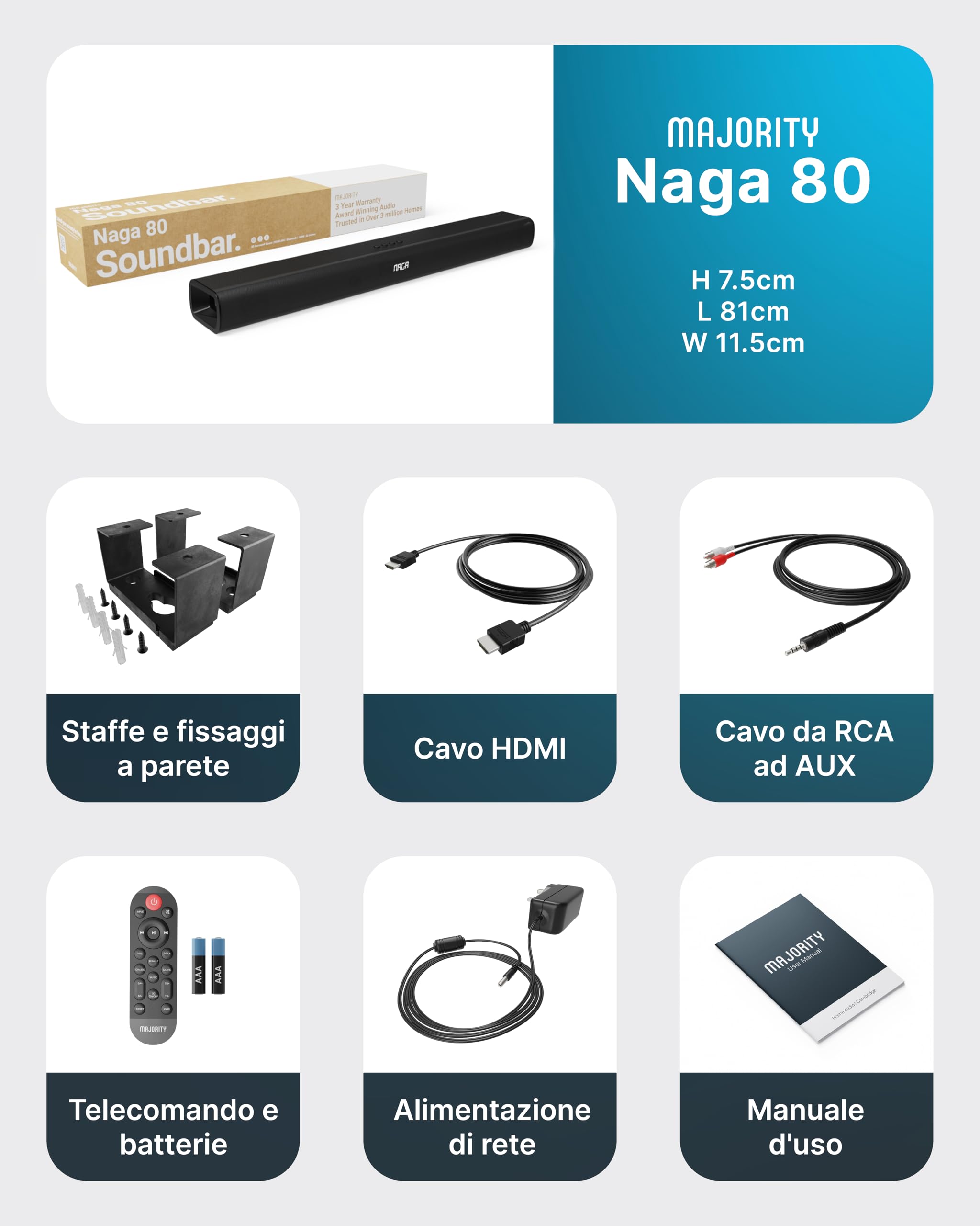 Majority Naga 80 Soundbar Bluetooth per TV | Barra Audio 2.2 Canali 140W con Subwoofer Integrato | HDMI ARC, Ottico, AUX, USB | Soundbar per Smart TV con Suono Surround 3D